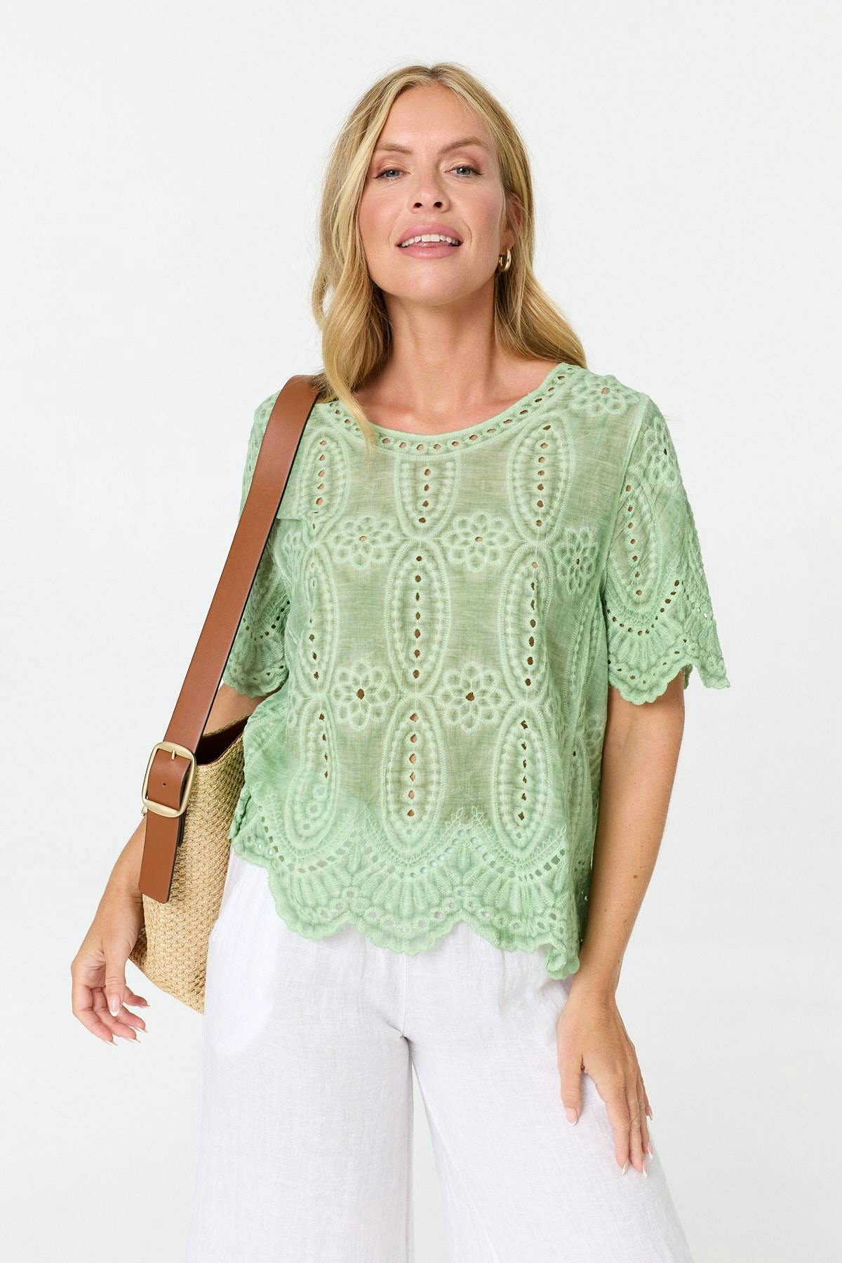 Izabel London Green Embroidered Textured 1/2 Sleeve Blouse - S/M