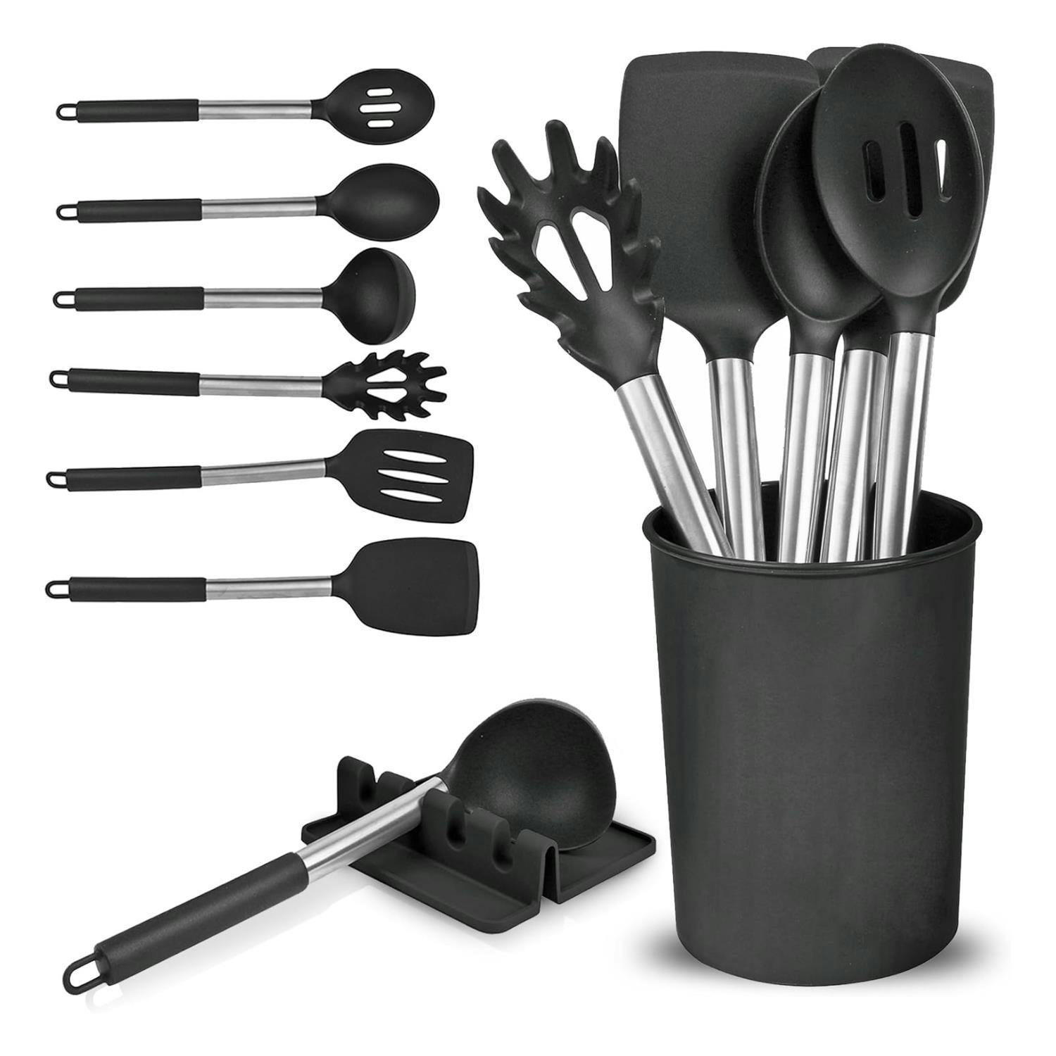 Rackhams Black 8 Piece Silicone Kitchen Utensil Set With Storage Bucket - Silicone With Stainless Steel Finish - Utensil Set