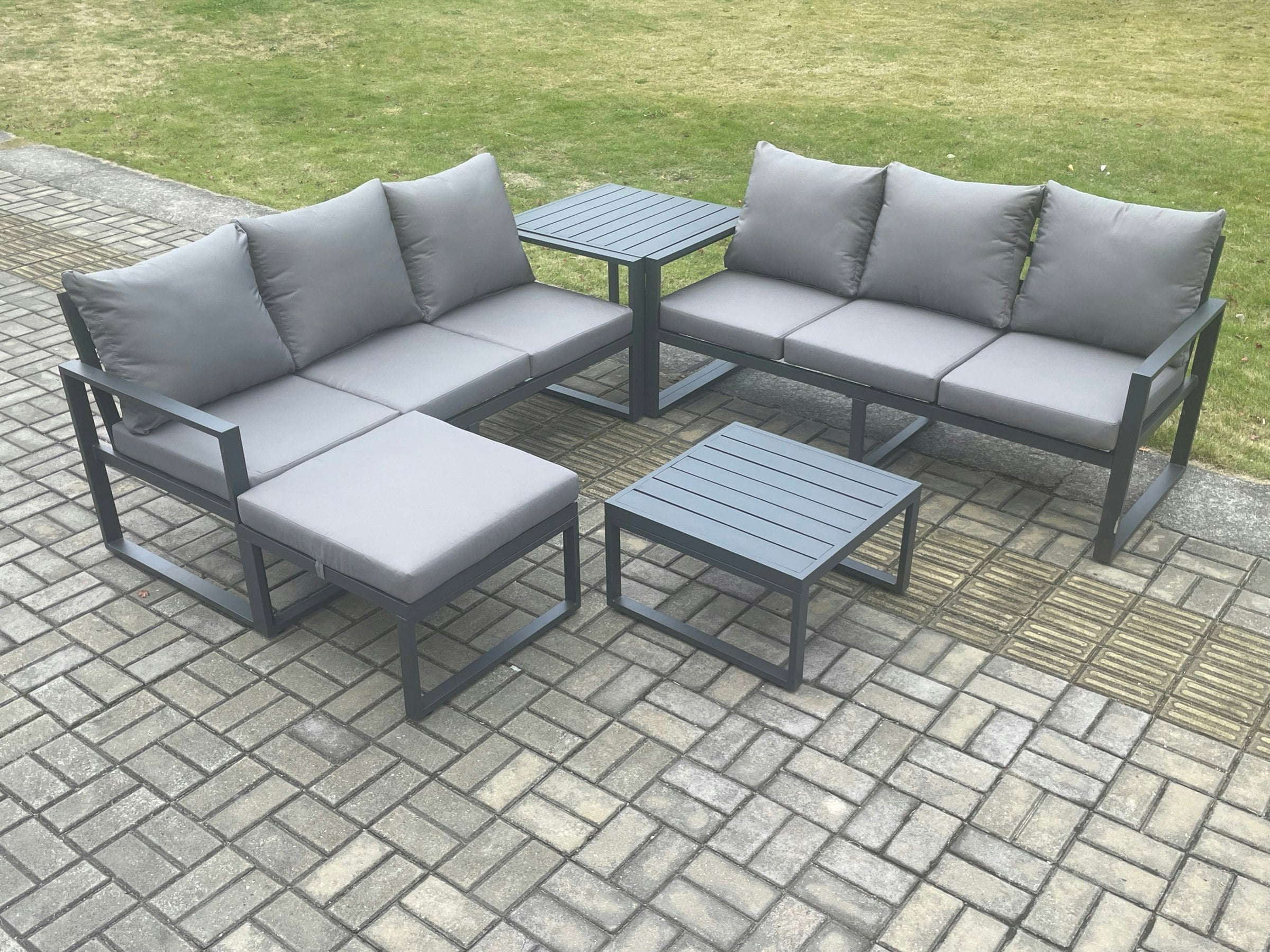 Rackhams Dark/Grey 7-Seater Aluminium Outdoor Sofa Set | 5 Pieces, Square Coffee Table, Large Footstool, Side Table |