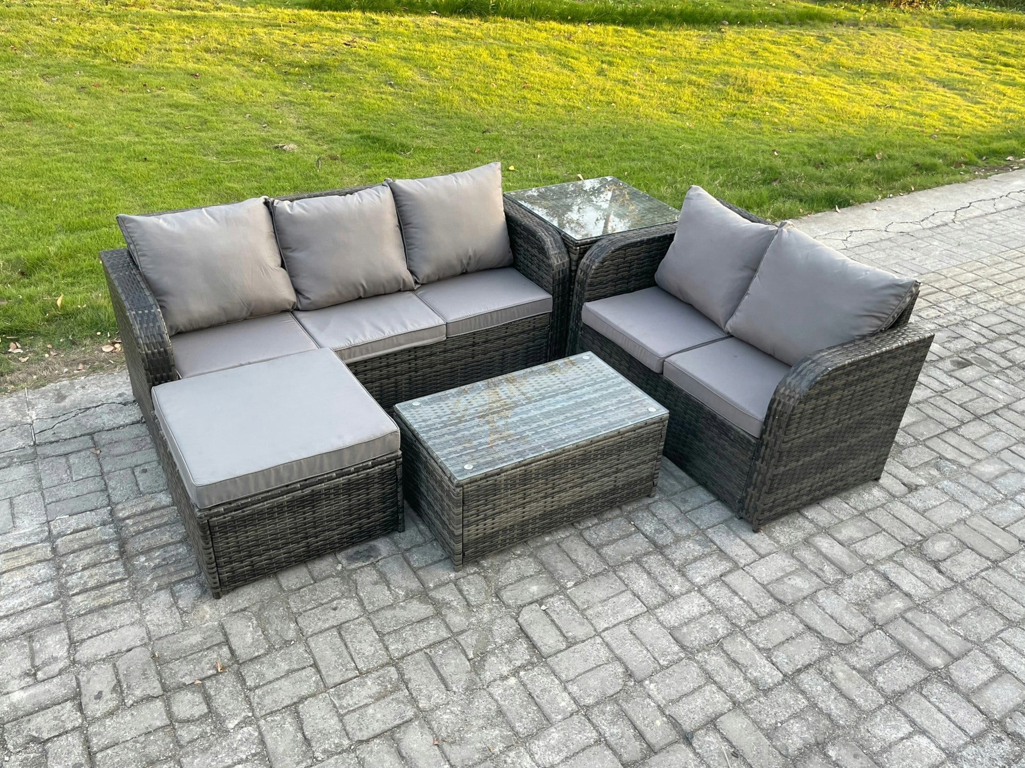 Fimous Dark/Grey 6-Seater Rattan Outdoor Sofa Set | Rectangular Coffee Table, 3-Seater Sofa, Loveseat, Large Footstool, Side Table