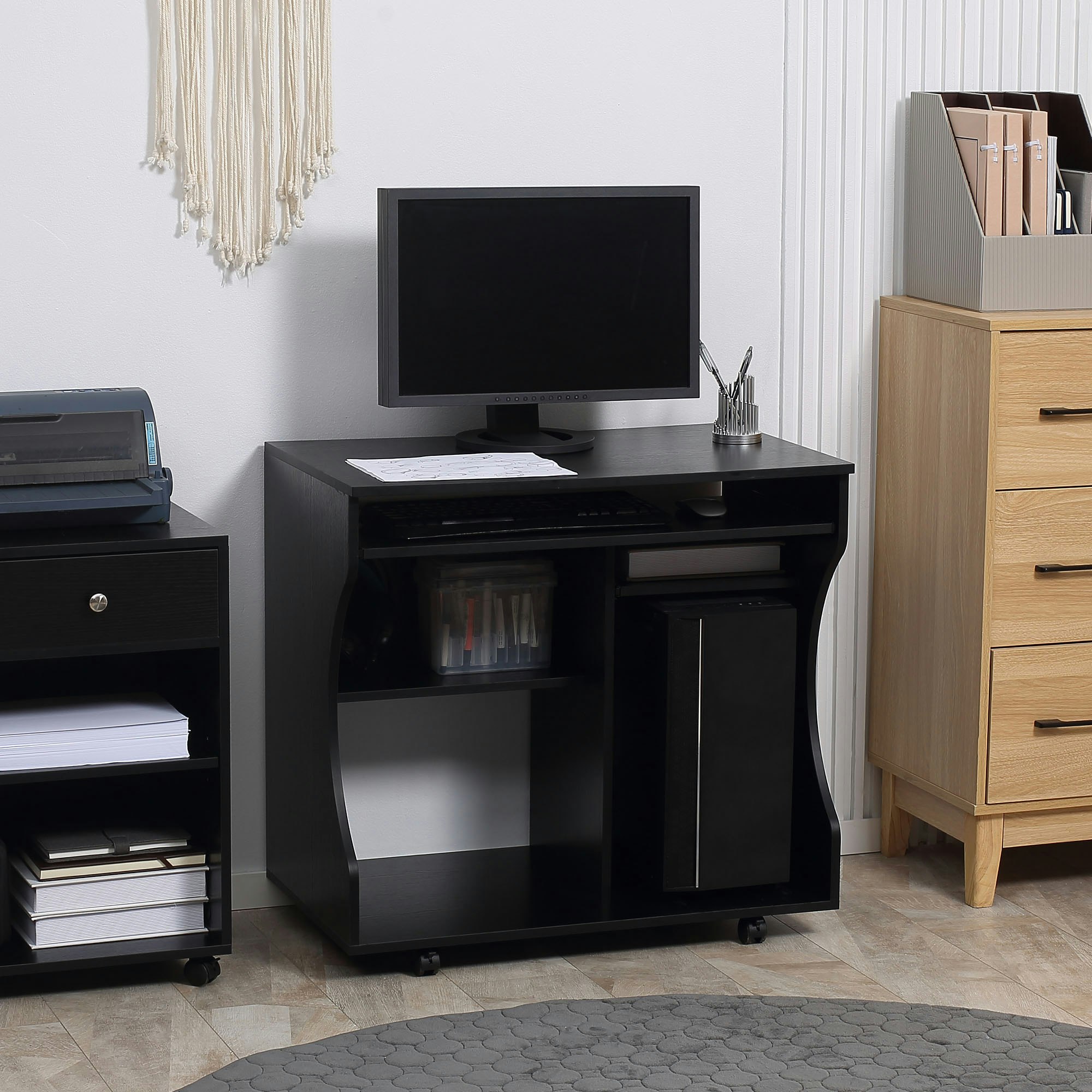 Rackhams Black Computer Table Study Desk With Sliding Keyboard Tray