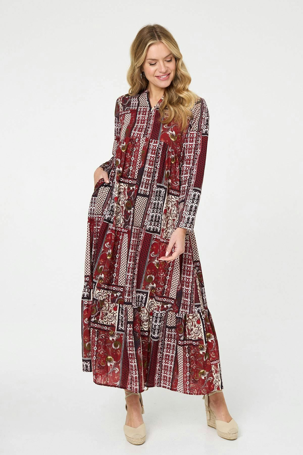 Izabel London Red Patchwork Print Long Sleeve Maxi Dress - 10