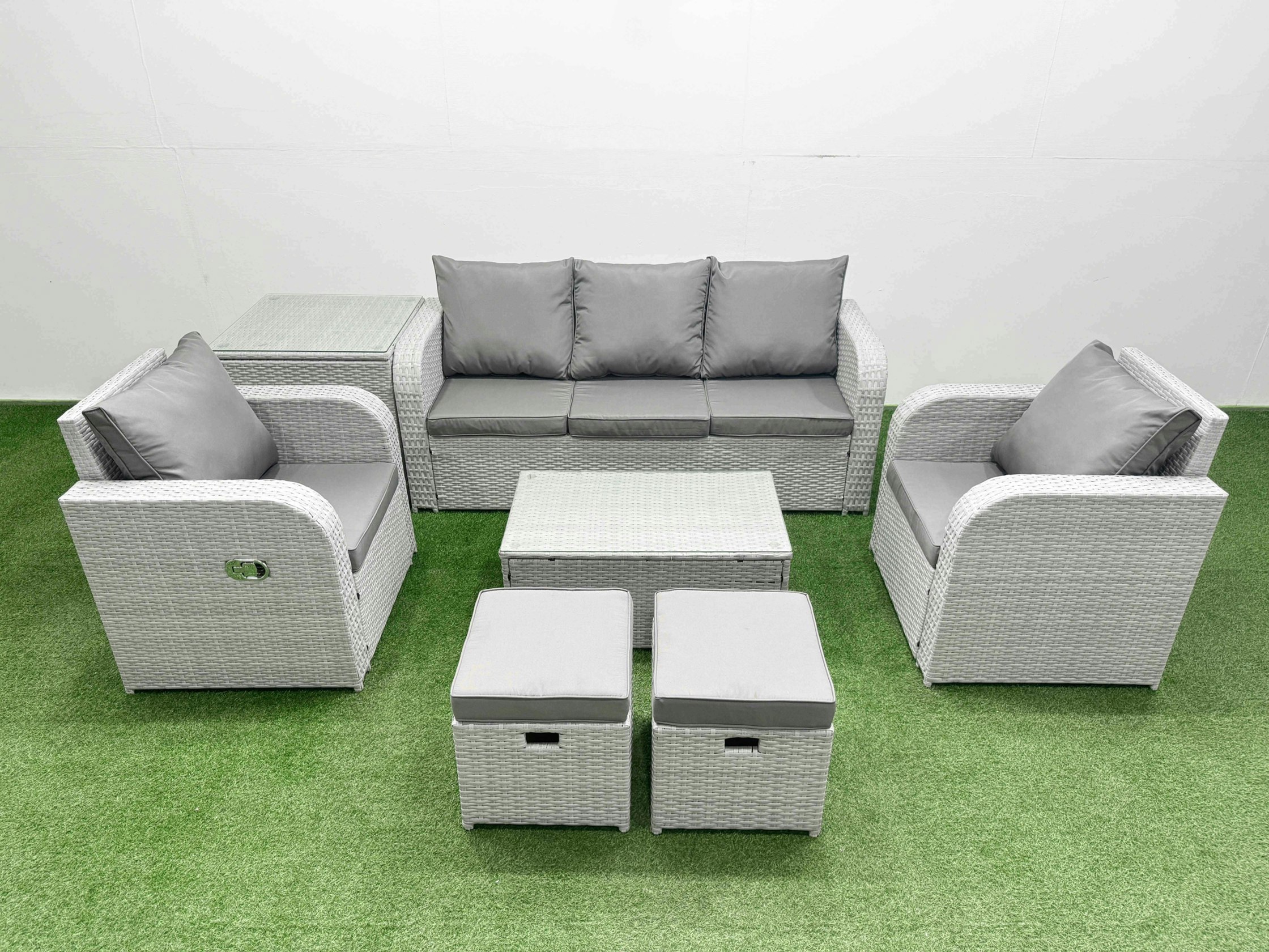 Fimous Light/Grey Pe Rattan Garden Furniture Set Reclining Chair Sofa Lounge Sofa Set Oblong Coffee Table Side Table 2 Small Stools