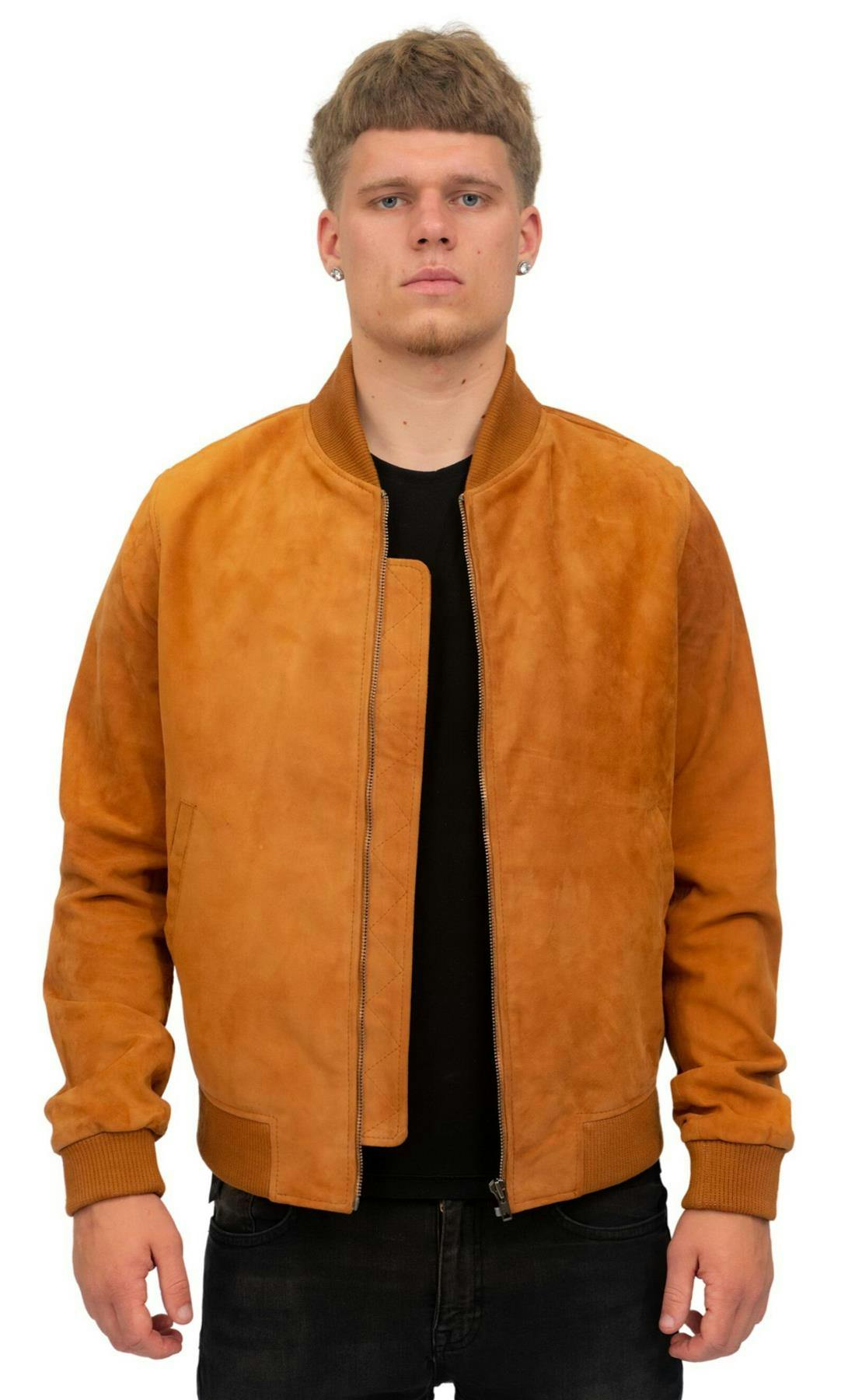 Infinity Leather Men's Retro Goat Suede Varsity Leather Bomber Jacket-Athens - Uk Xs | Eu 44 | Us 34 - Tan