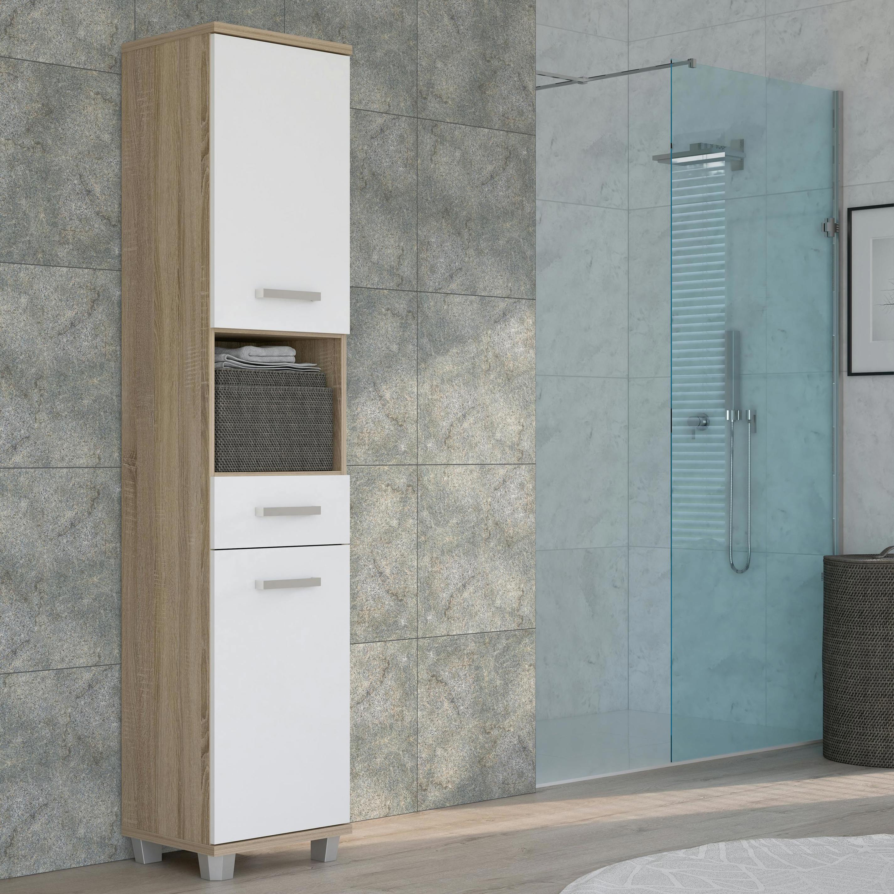Rackhams White Veris Tall Narrow Bathroom Cupboard With 2 Doors & 1 Drawer In Sonoma Oak And High Gloss - H 186.82 X W 40.2 X D 34.8Cm - Sonoma Oak & - 1