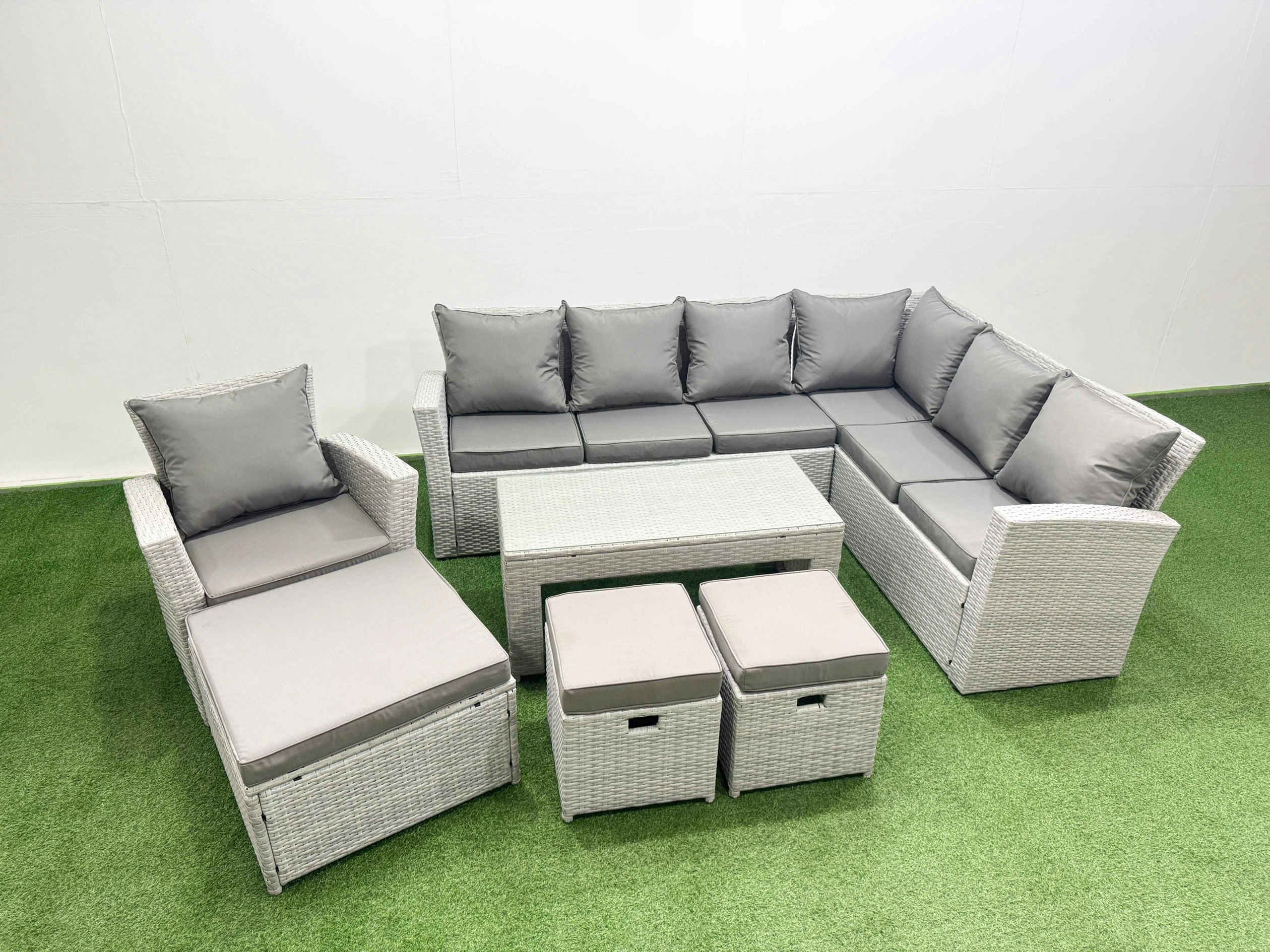 Rackhams Light/Grey 11 Seater Garden Outdoor Rattan Furniture Set Rattan Corner Sofa Oblong Coffee Table With 3 Footstools Mixed