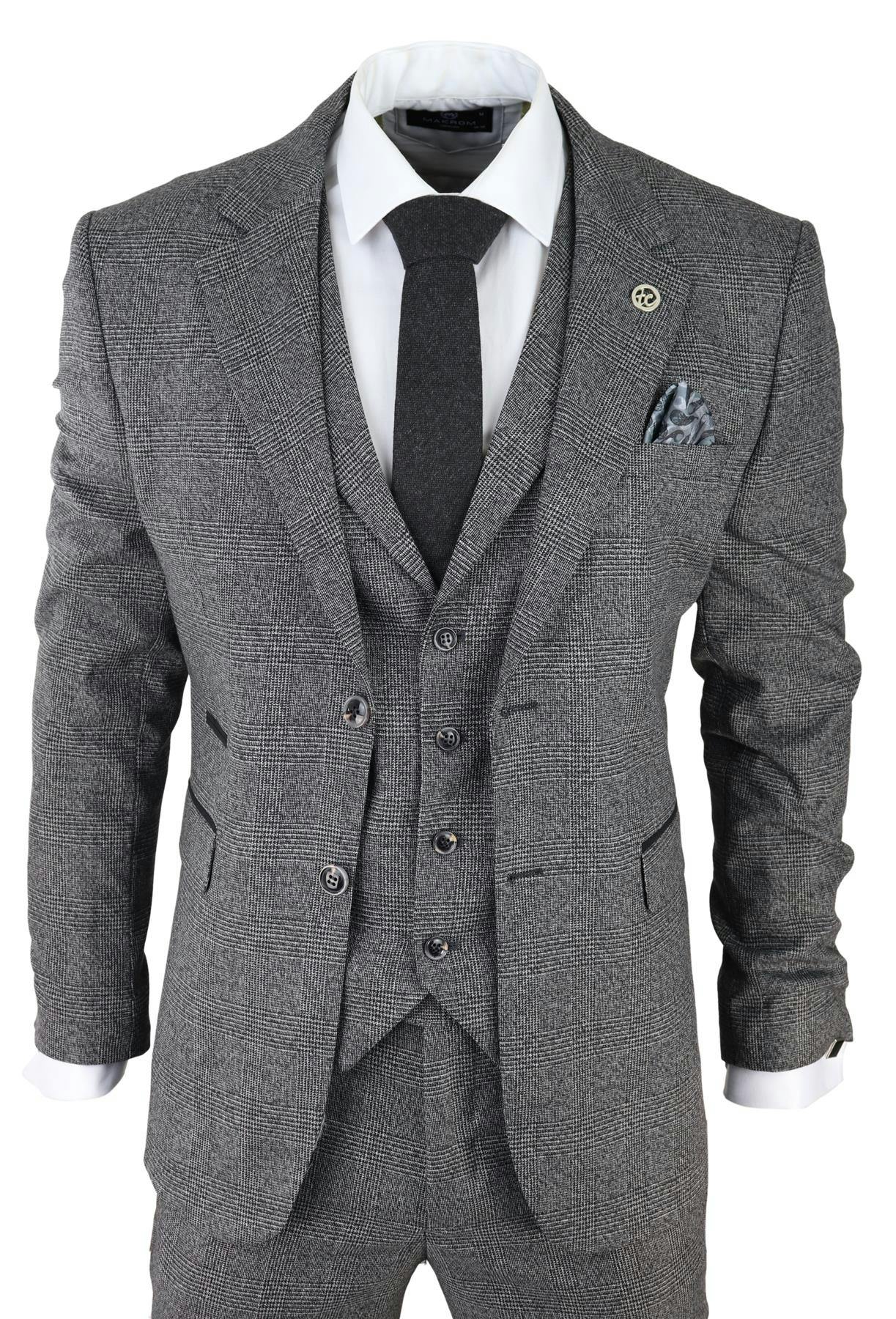 Truclothing Men's Grey 3 Piece Suit Prince Of Wales Check Classic Tailored Fit Wedding Suit - 40" Jacket 34" Trousers