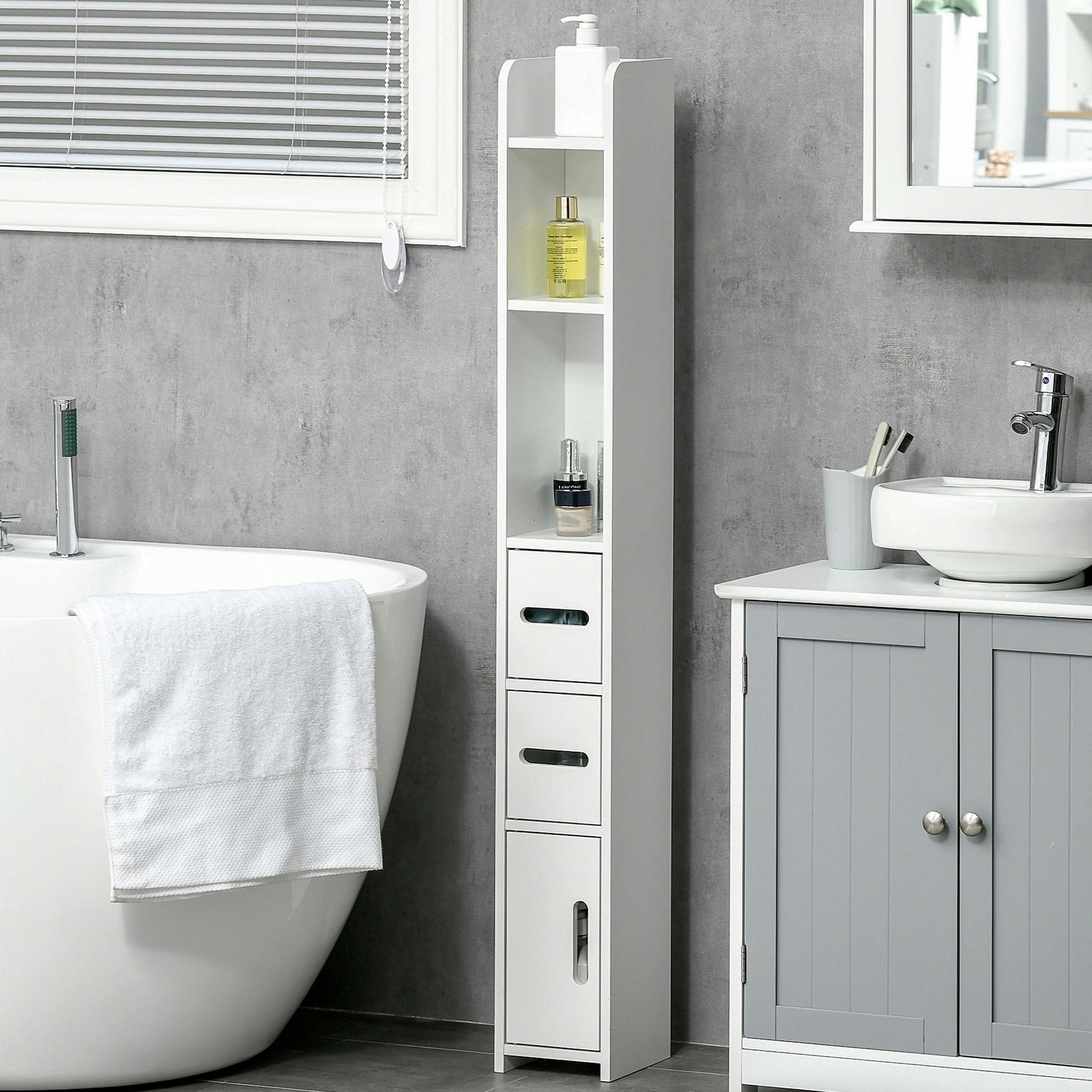 Rackhams White Freestanding Bathroom Cabinet W/ Open Shelves 3 Cupboards,