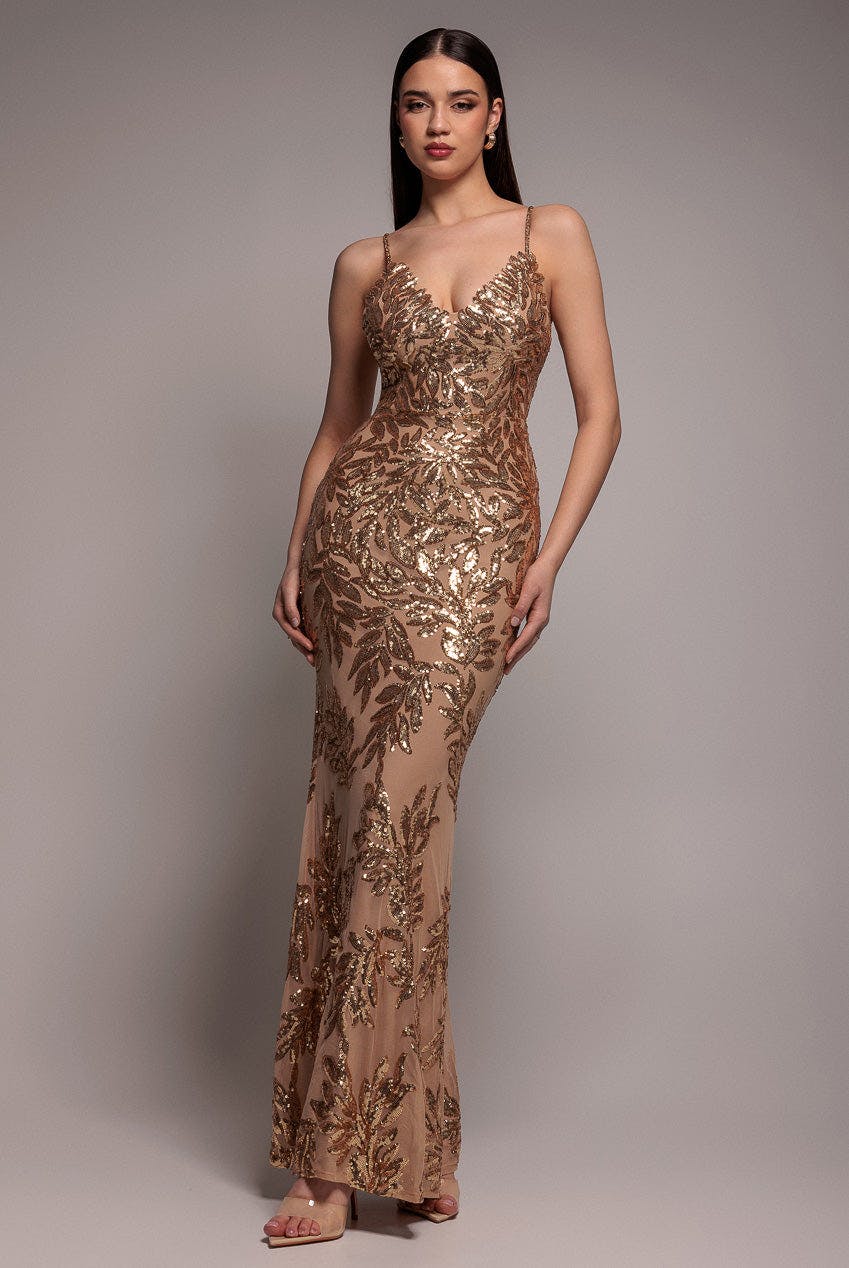Goddiva Gold Cross Back Diamante Strap Sequin Maxi - By - 6
