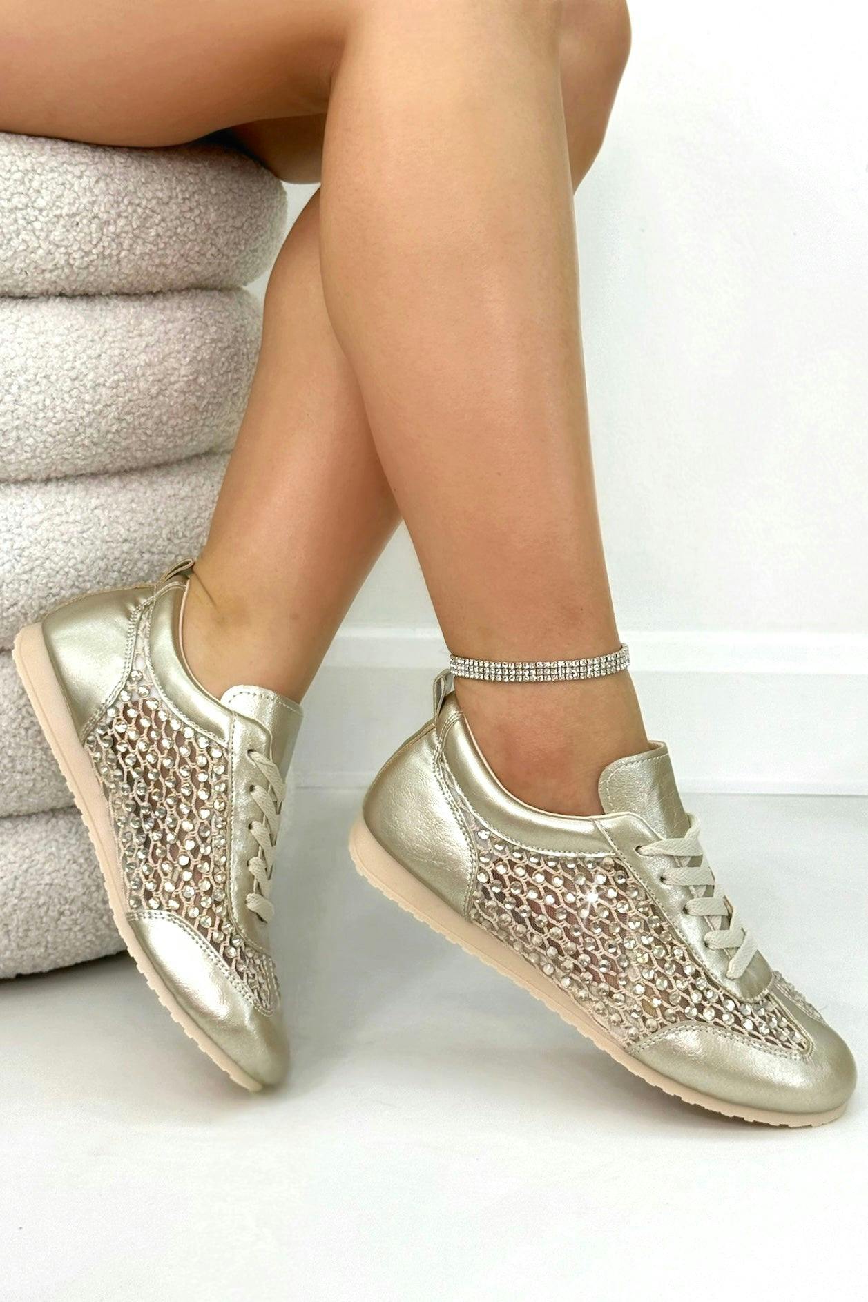 Love Lemonade Women's Gold Crystal Contour Sparkly Panel Trainers - Uk 5 - Eu 38 - Us 7
