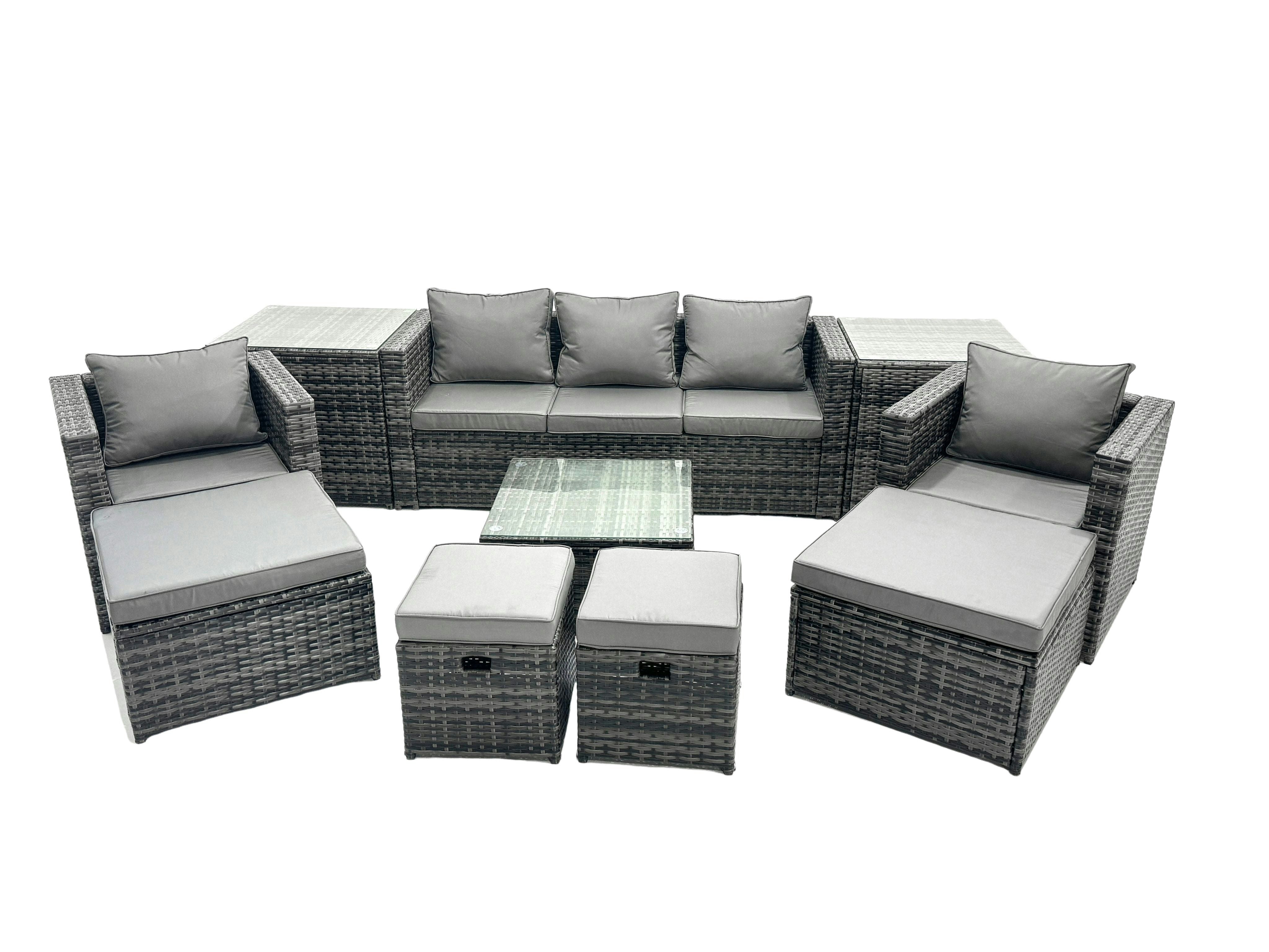 Rackhams Dark/Grey Outdoor Rattan Garden Furniture Set 9 Seater Patio Lounge Sofa Set With Armchair Square Coffee Table 2 Side Tables 4 Footstool Mixed