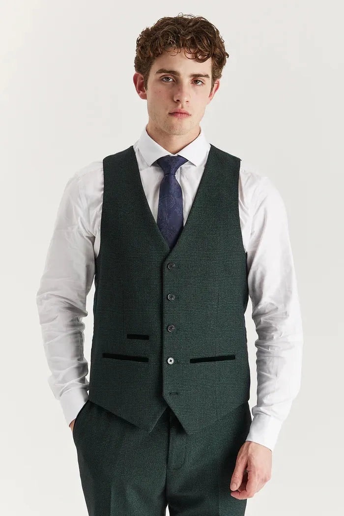 Paul Andrew Men's Green Regent - Plaid Check Waistcoat - 42