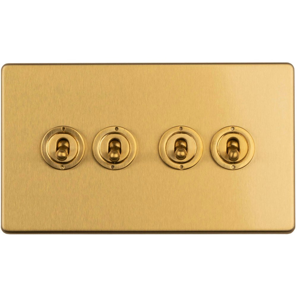 Loops 4 Gang Quad Retro Toggle Light Switch SCREWLESS SATIN BRASS 10A 2 Way Lever