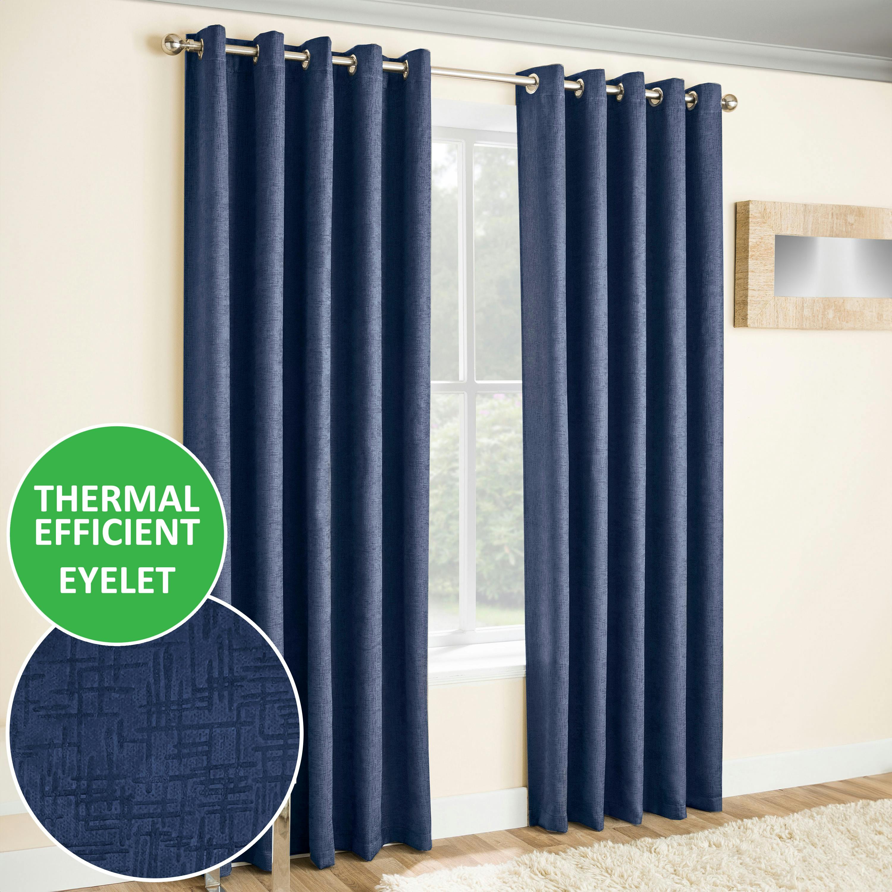 Rackhams Light Vogue Plain Textured Thermal Room Darkening Energy Saving Pair Of Curtains For Bedroom & Living Room - Navy - 90" (229Cm) Width X 54" (137Cm) Drop