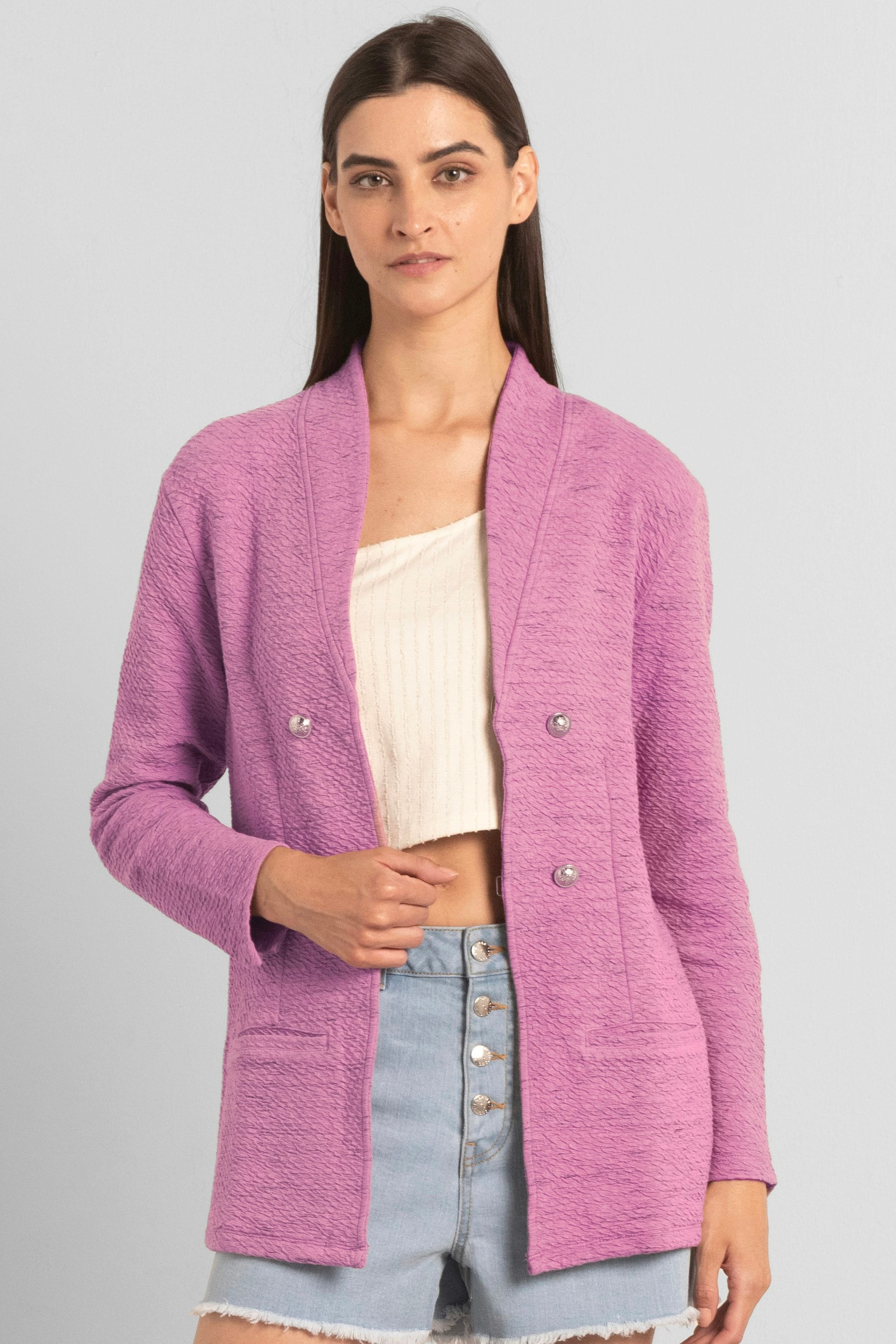 Enorsia Women's Pink Cotton Blend Textured Jersey Blazer - Uk 18 - Image 2