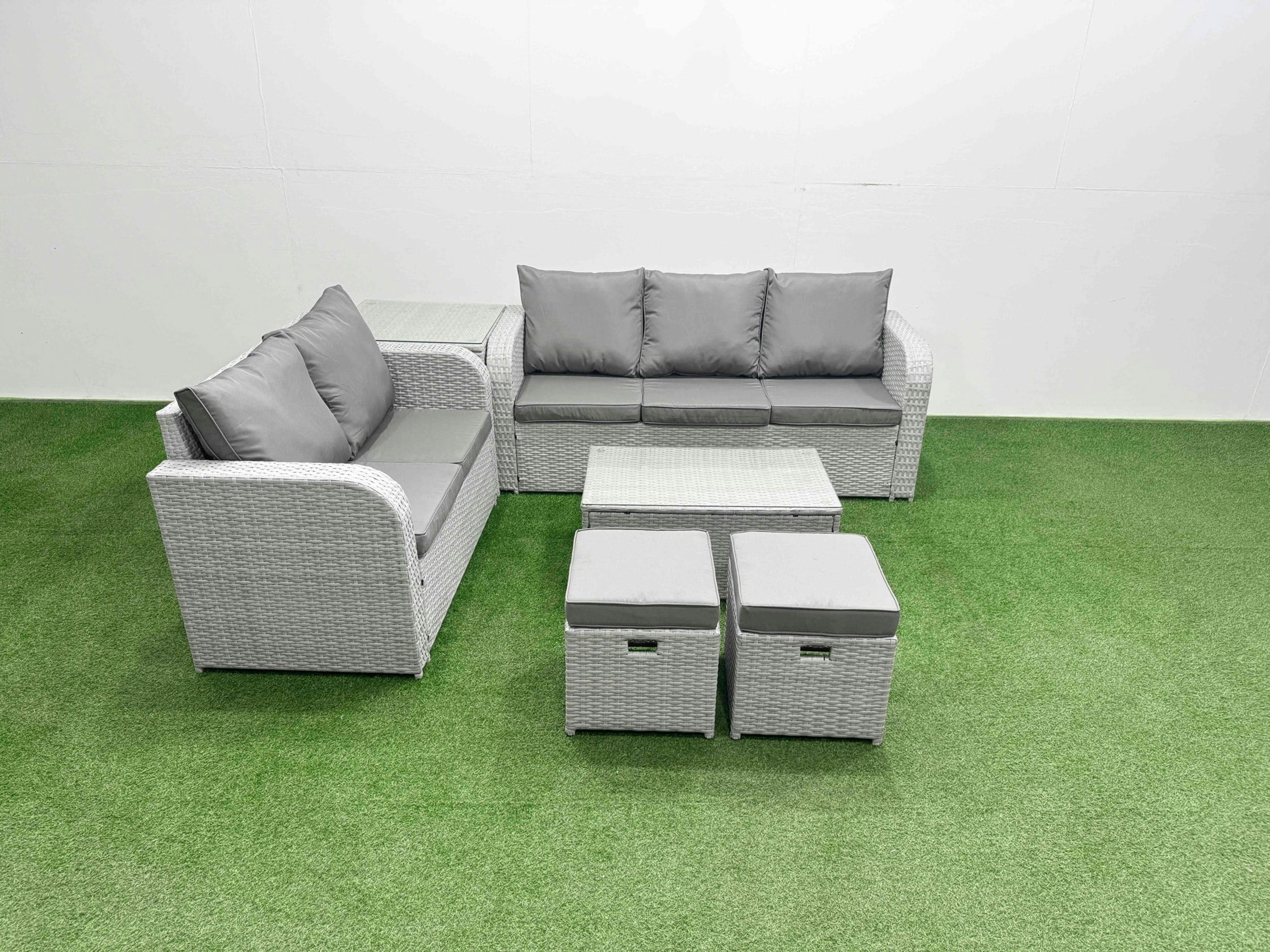 Rackhams Dark/Grey 7-Seater Pe Wicker Rattan Garden Sofa Set - Mixed Patio Conservatory Furniture With Rectangular Coffee Table & 3-Seater Sofa
