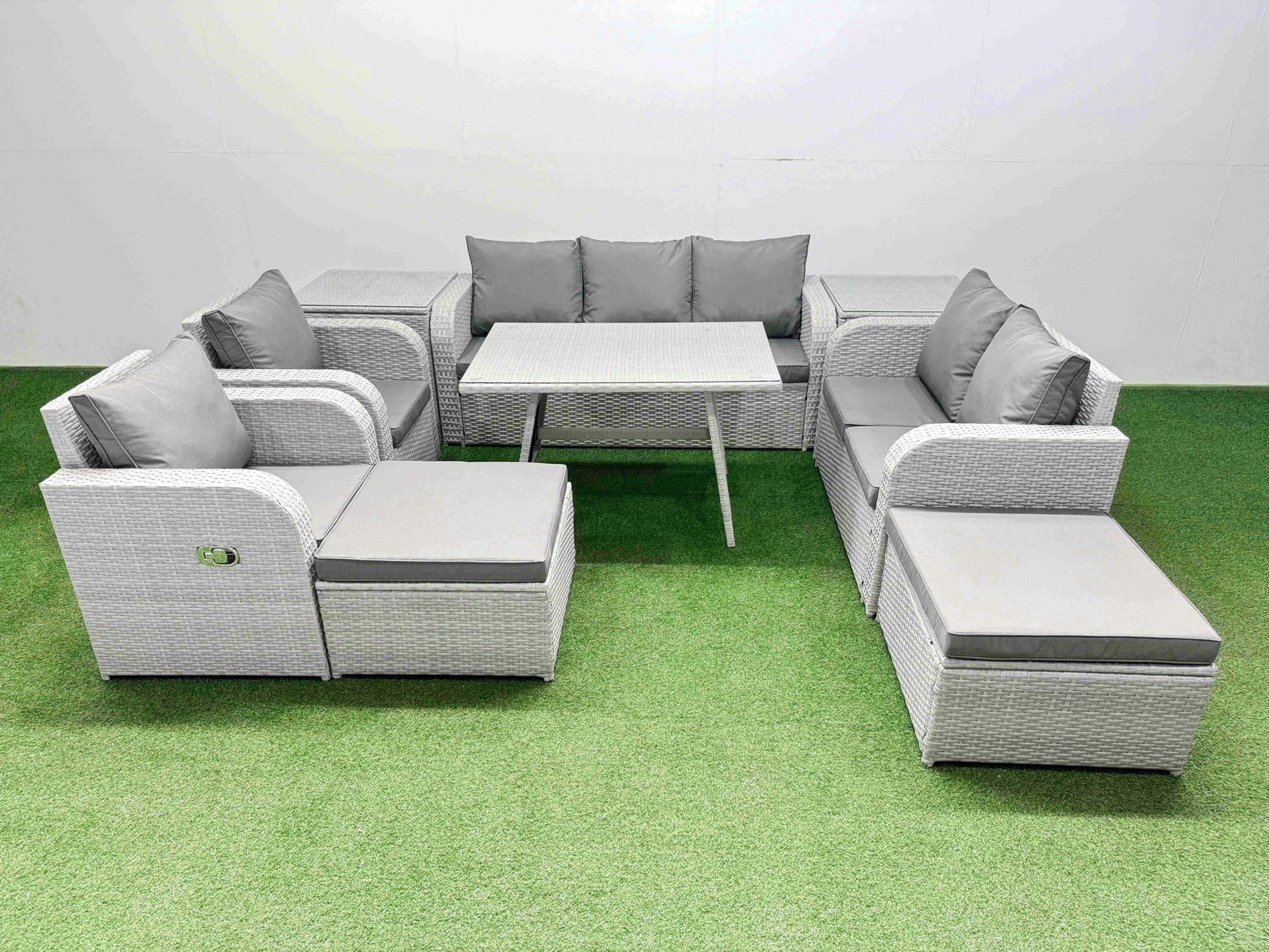 Fimous Light/Grey Pe Rattan Garden Furniture Set Outdoor Rectangular Dining Table Sofa Set With Reclining Chair 2 Big Stool 2 Side Tables