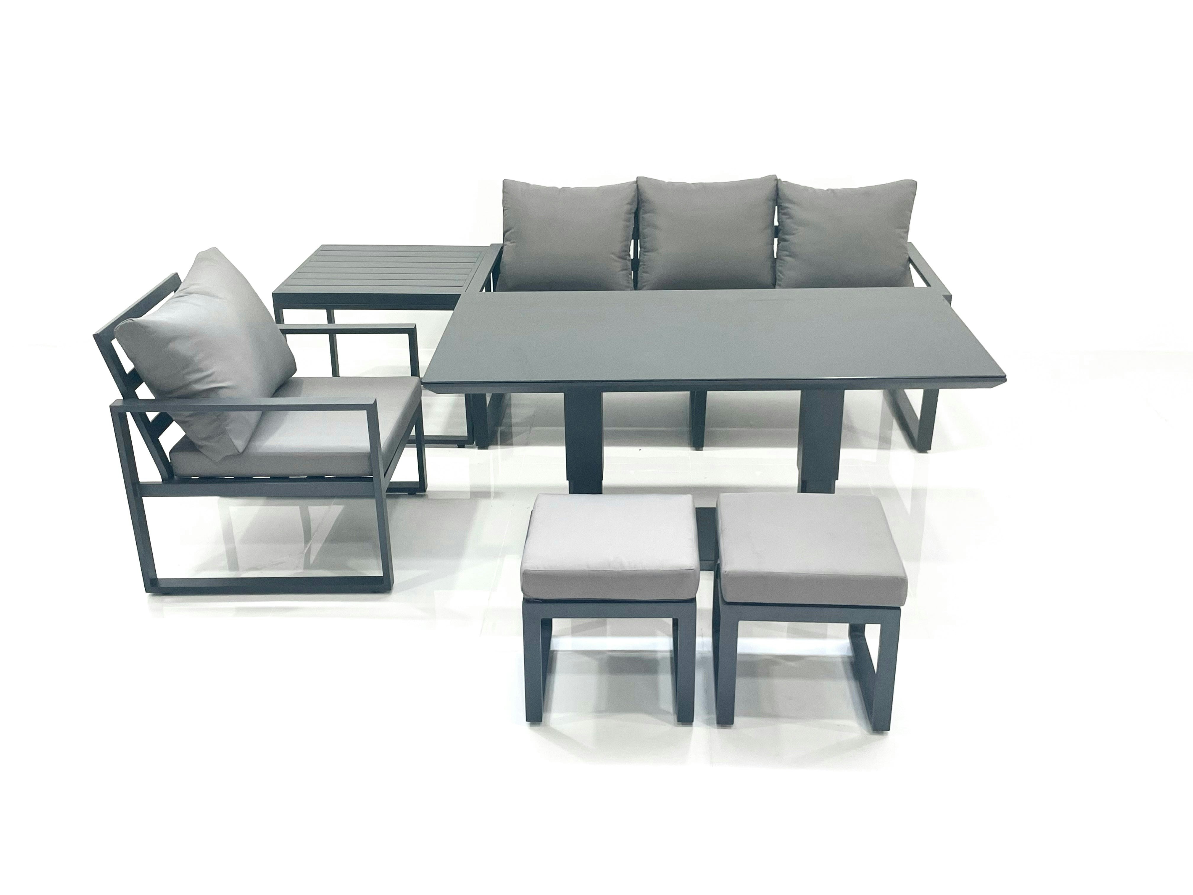 Rackhams Dark/Grey 6 Seater Garden Sofa Set Aluminium Furniture Rising Dining Tabe Set With Chair Side Table 2 Small Footstools