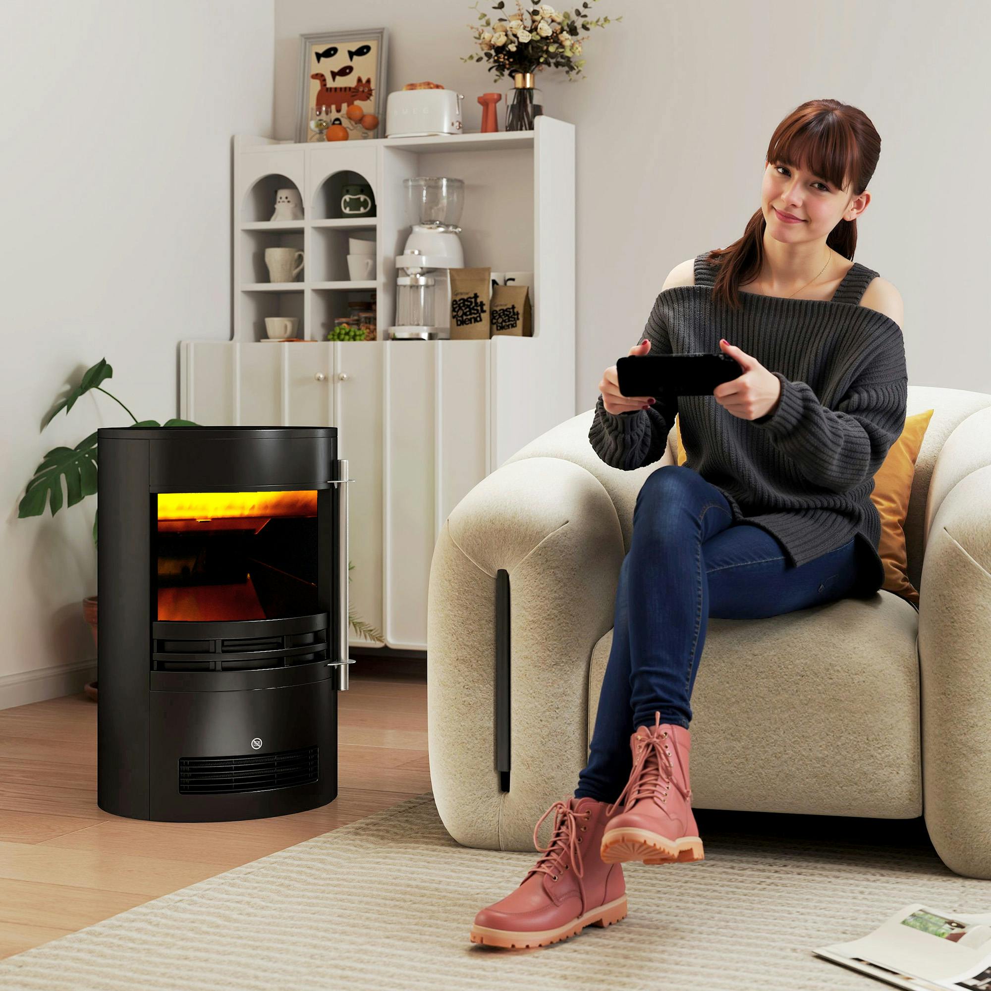 HOMCOM Electric Fireplace Heater 900W,1800W-Black - Black - Image 2
