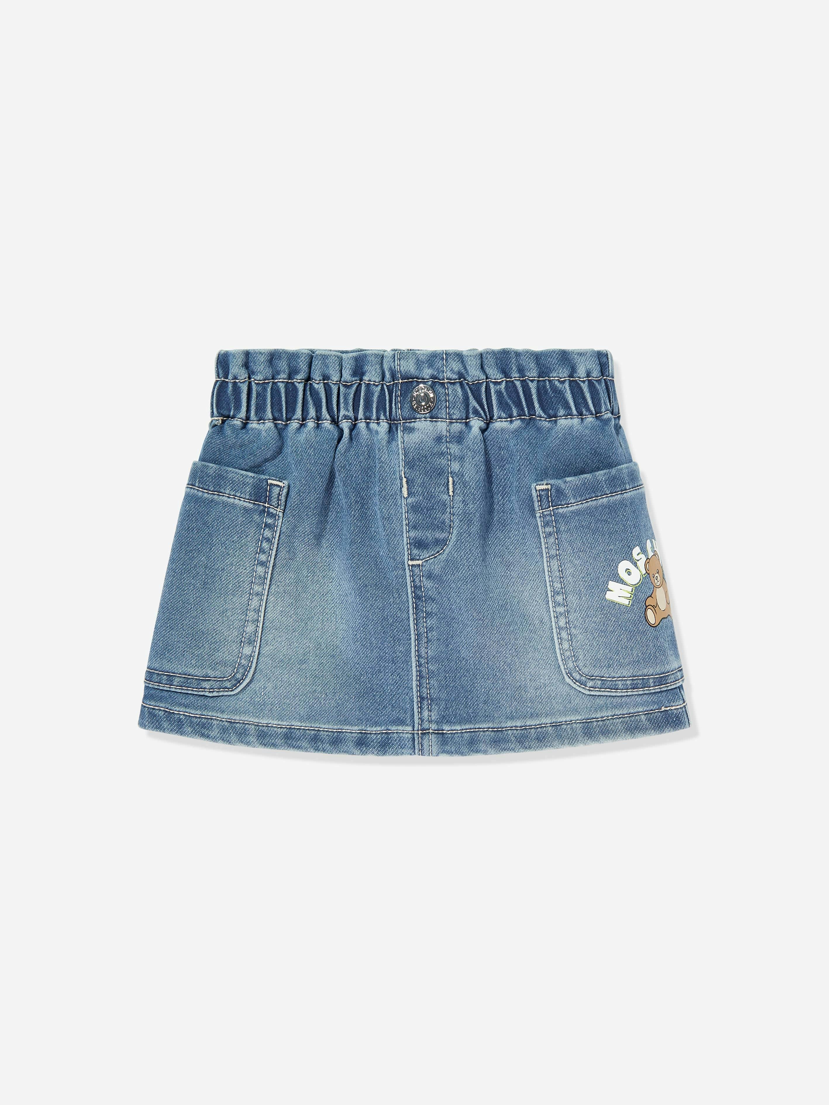 Moschino Kids Girls Blue Moschino Baby Teddy Bear Logo Denim Skirt In - 18 - 24 Mths