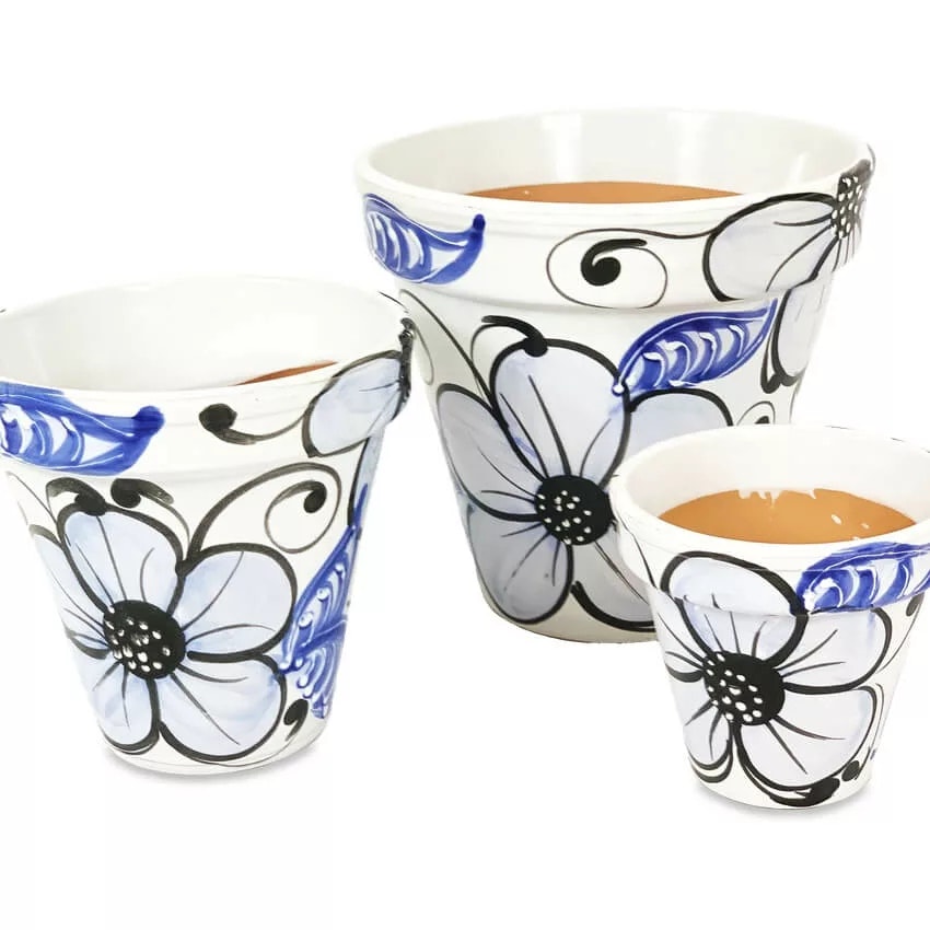 Verano Spanish Ceramics Blue Classic Flower Plant Pots - Set Of 3 - 3 X Classic Pots - Terracotta