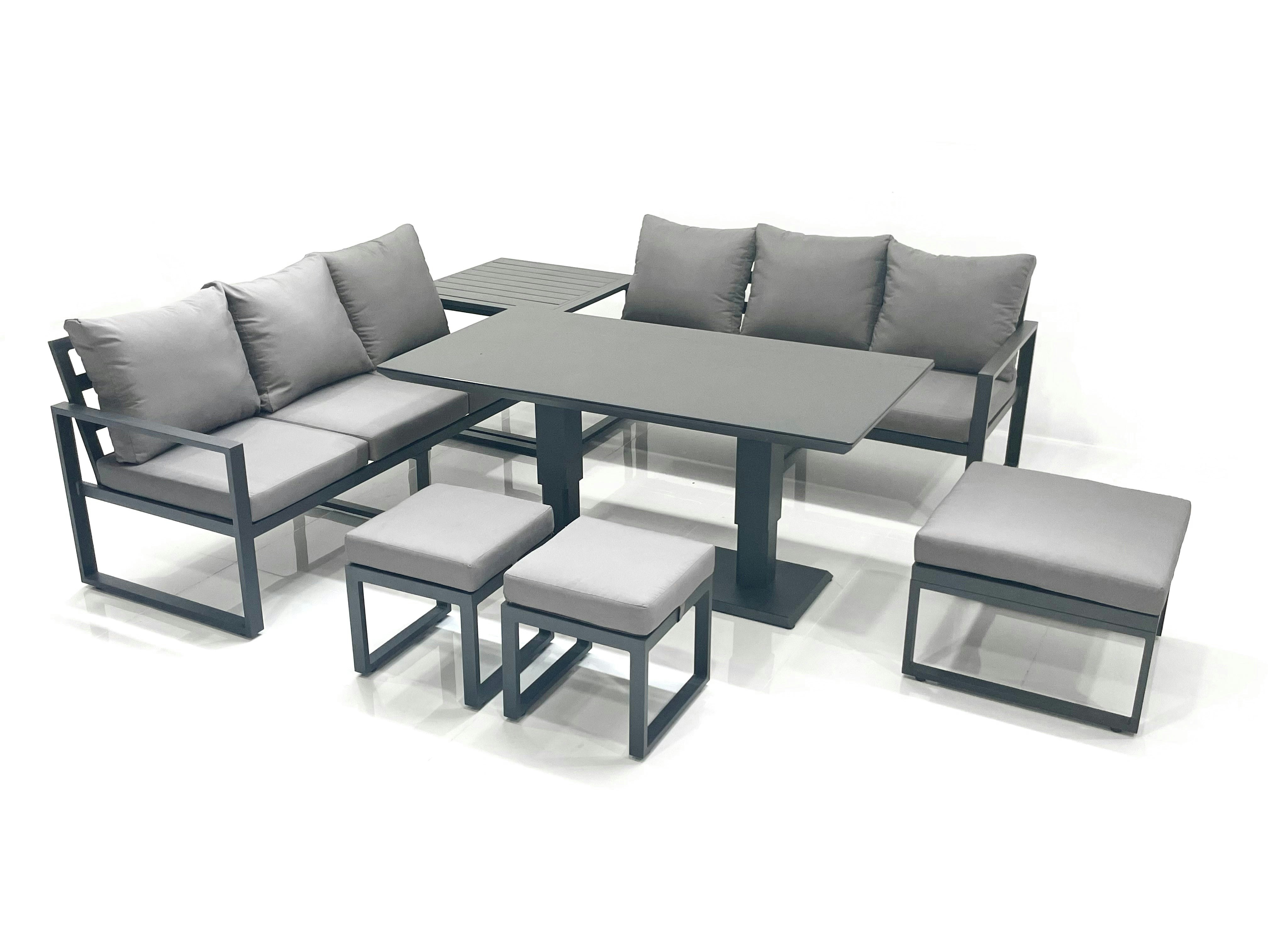 Rackhams Dark/Grey 9 Seater Aluminium Outdoor Garden Furniture Set With Adjustable Rising Lifting Dining Table 3 Seater Sofa 3 Footstools Side Table