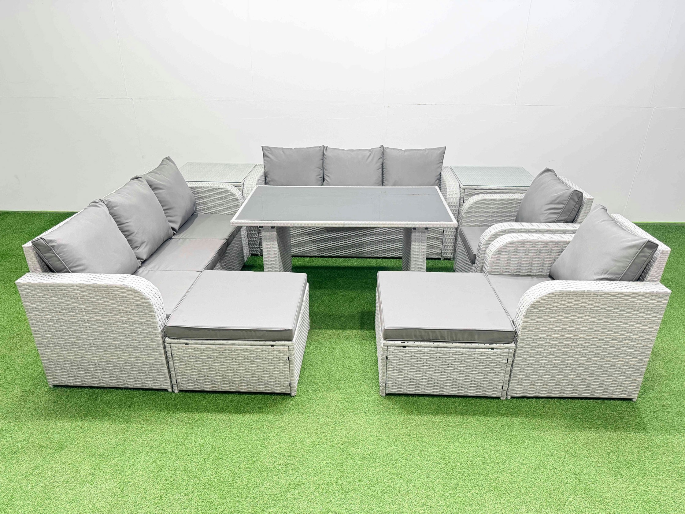 Rackhams Light/Grey 10 Seater Wicker Pe Rattan Furniture Outdoor Dining Table 3 Seater Sofa Reclining Chair Set With 2 Side Tables 2 Big Stools