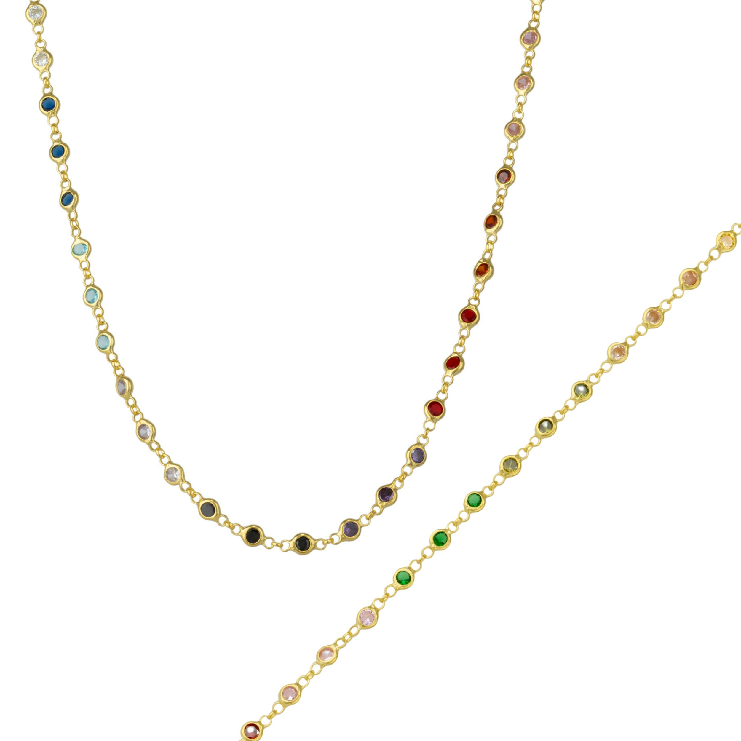 Spero London Silver/Gold Colourful Rainbow Jewelled Sterling Chain Necklace And Bracelet Set