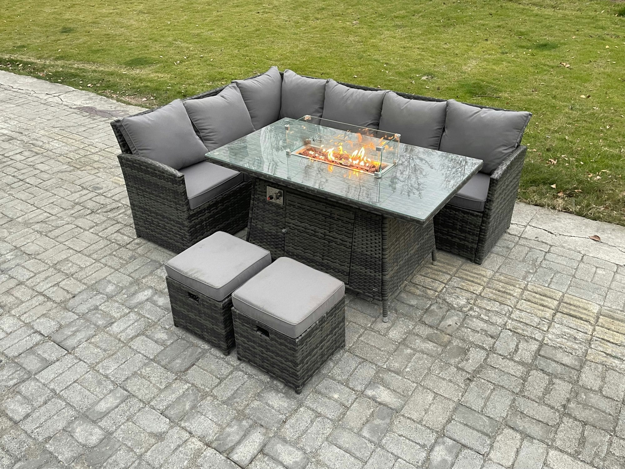 Fimous Dark/Grey Rattan Garden Furniture High Back Corner Sofa Gas Fire Pit Dining Table Sets Gas Heater With 2 Small Footstools 8 Seater Mixed