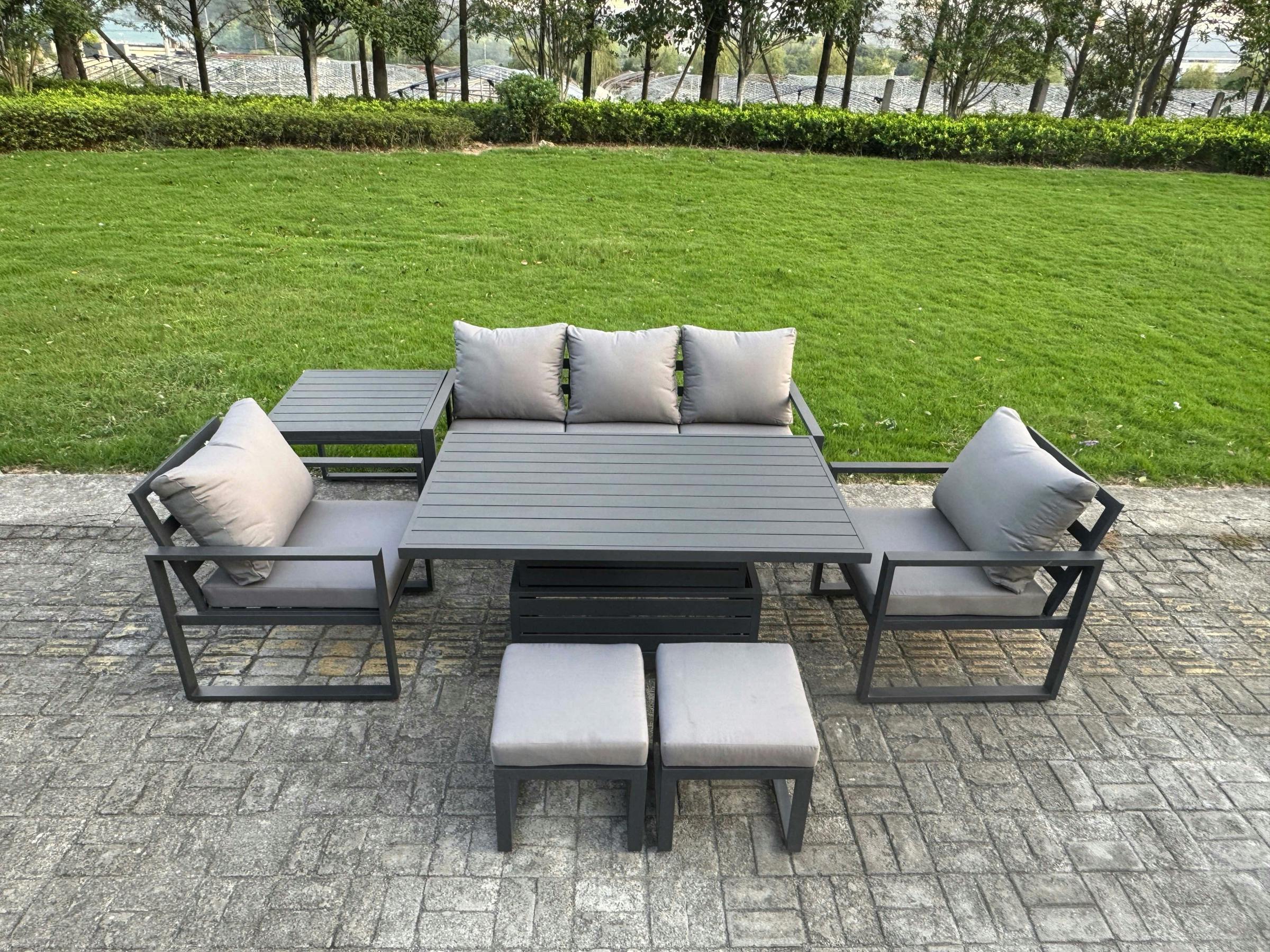 Fimous Dark/Grey 7 Seater Aluminium Garden Furniture Set With Adjustable Rising Dining Table, 2 Chairs, 2 Footstools, Side Table