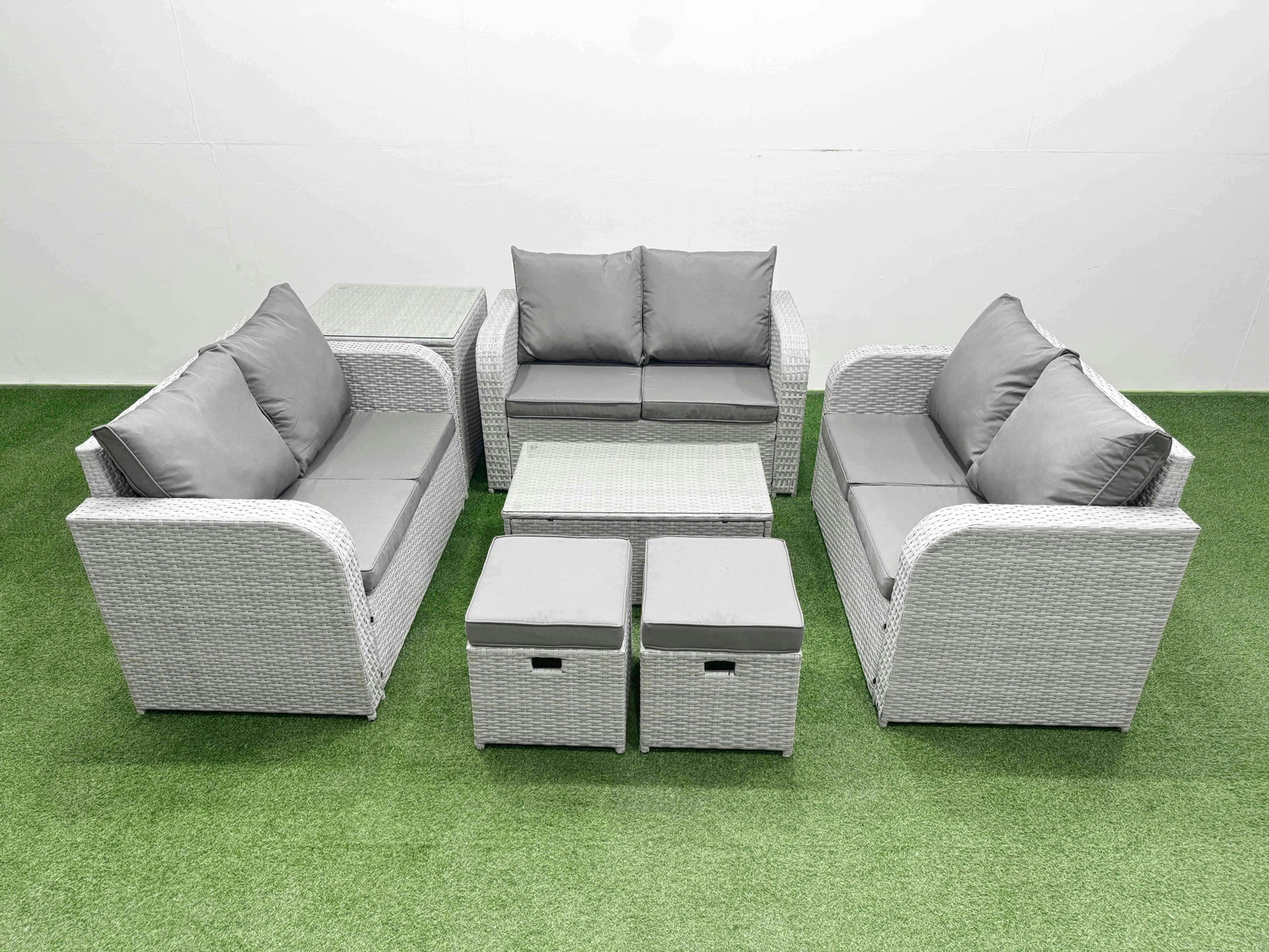 Fimous Light/Grey 7 Seater Pe Wicker Rattan Furniture Sofa Sets With Rectangular Coffee Table 2 Seater Love Sofa Big Footstool 2 Side Table