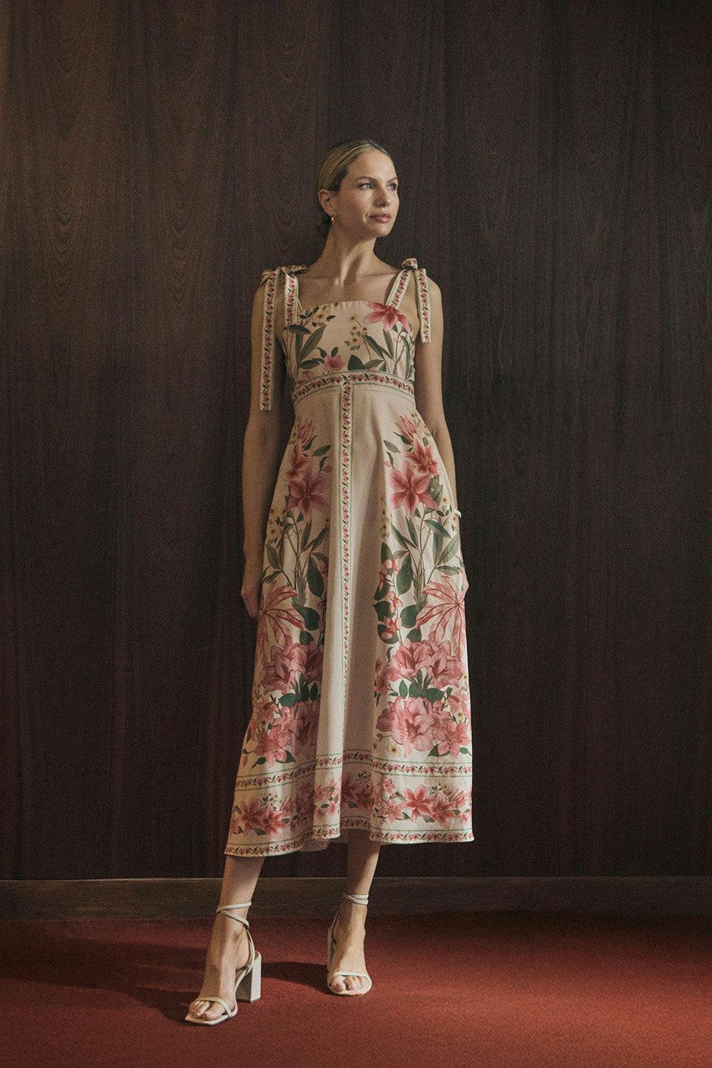 Izabel London Beige Floral Border Print Tie Strap Midi Dress - 18