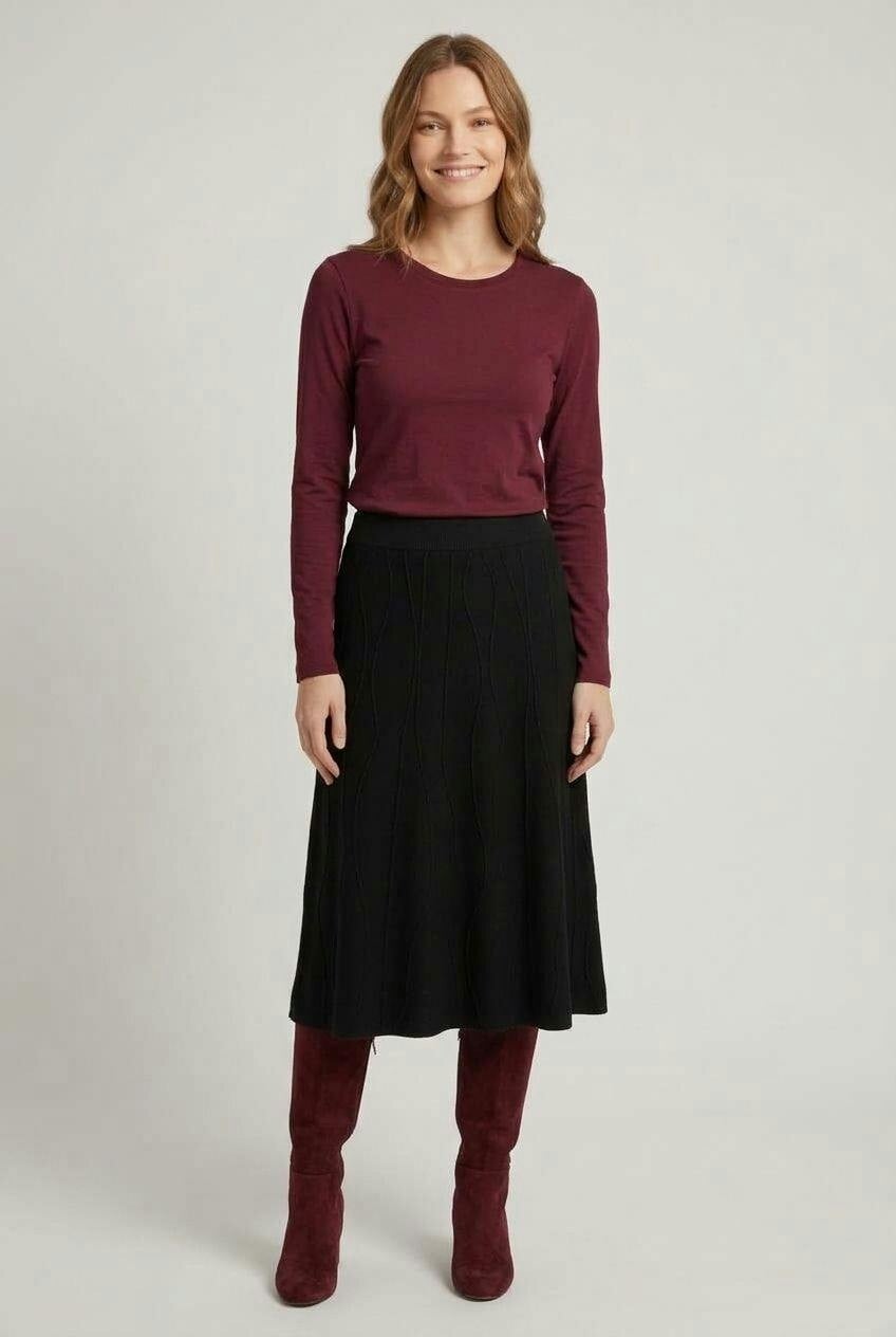 Izabel London Black Textured High Waist A-Line Midi Skirt - S/M