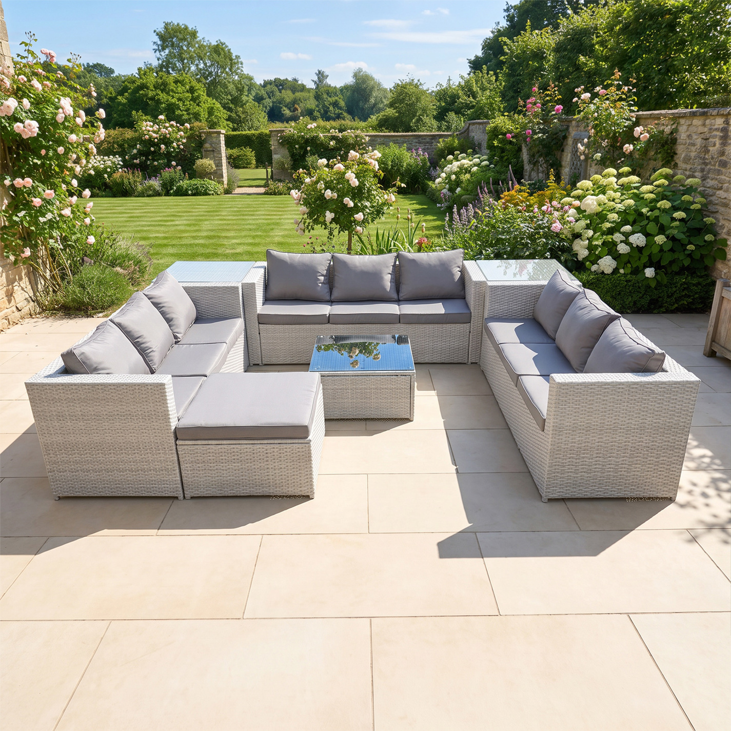 Rackhams Light/Grey 10 Seater Rattan Garden Furniture Set With 3 Sofas, Coffee Table, Footstool, 2 Side Tables - Mixed