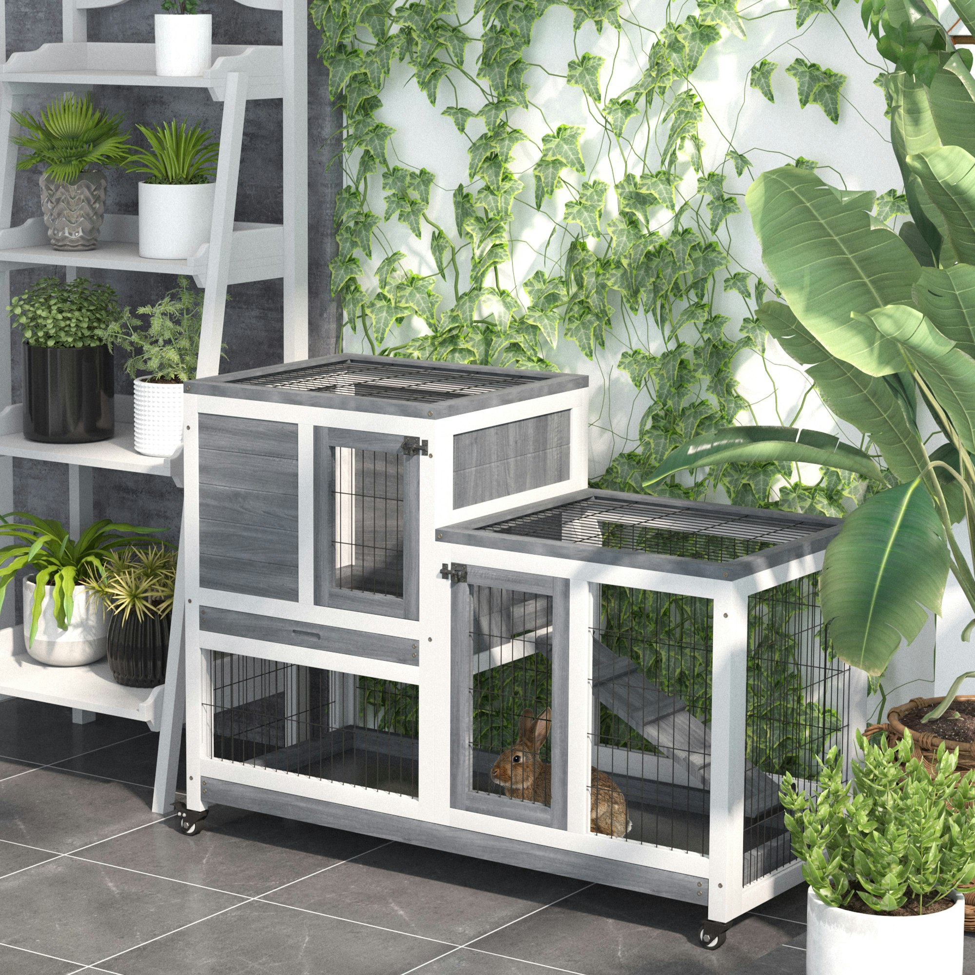 Pawhut Wooden Indoor Rabbit Hutch Elevated Bunny Cage With Enclosed Run W/Wheel