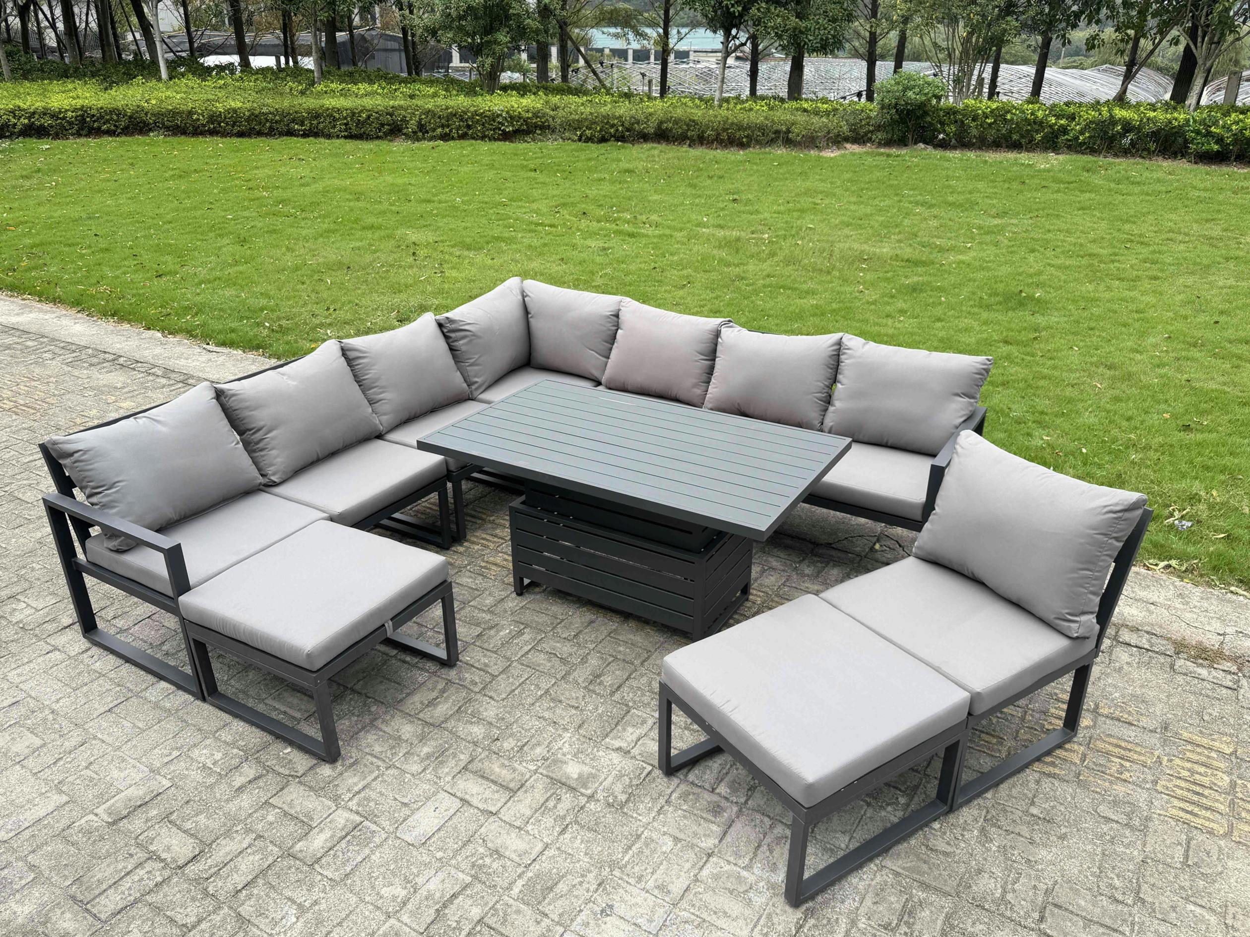 Rackhams Grey 9 Seater Aluminium Garden Furniture Set With Adjustable Rising Dining Table, 2 Footstools