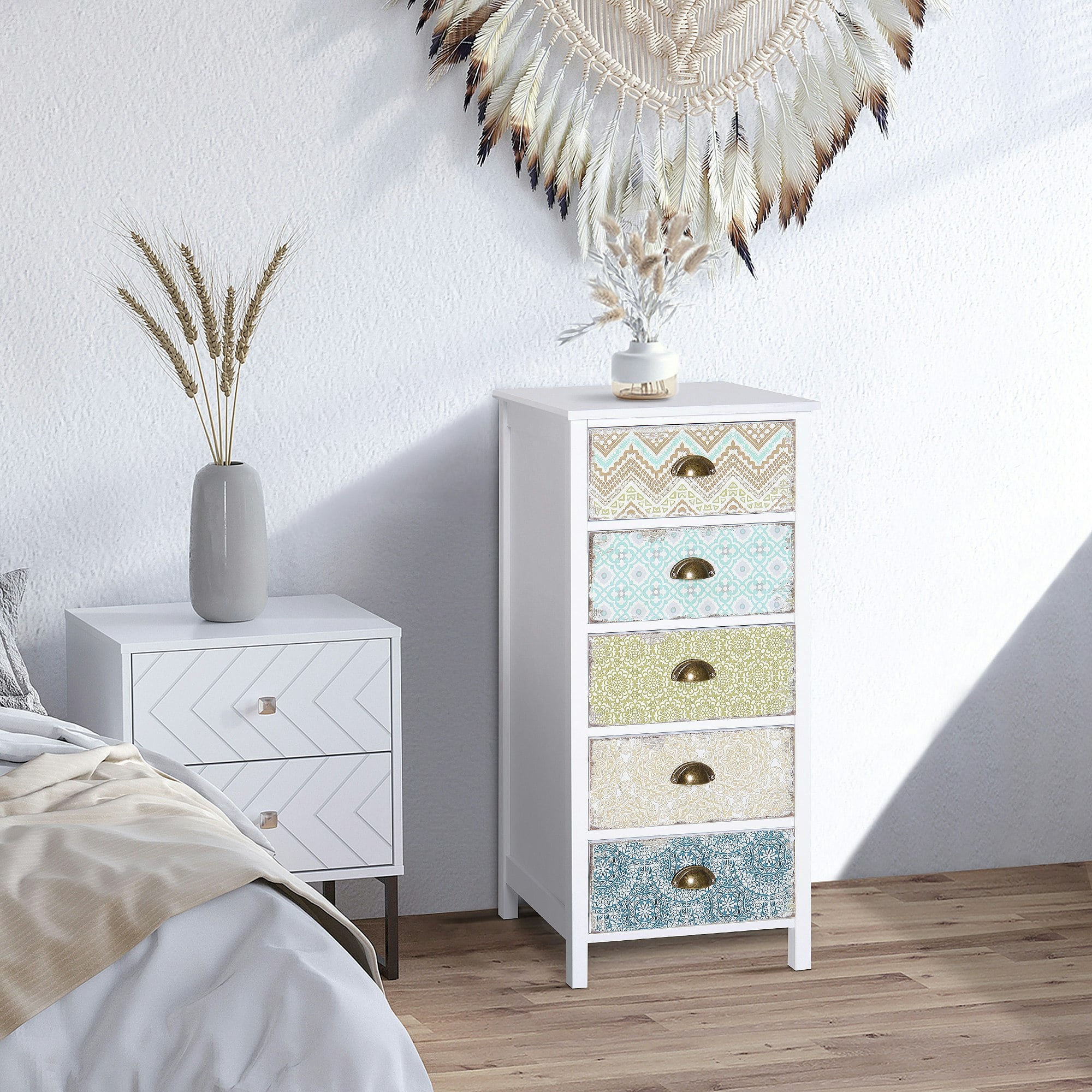 Rackhams Storage Chest Unit Dresser 5 Drawer Retro Style Wood Entryway