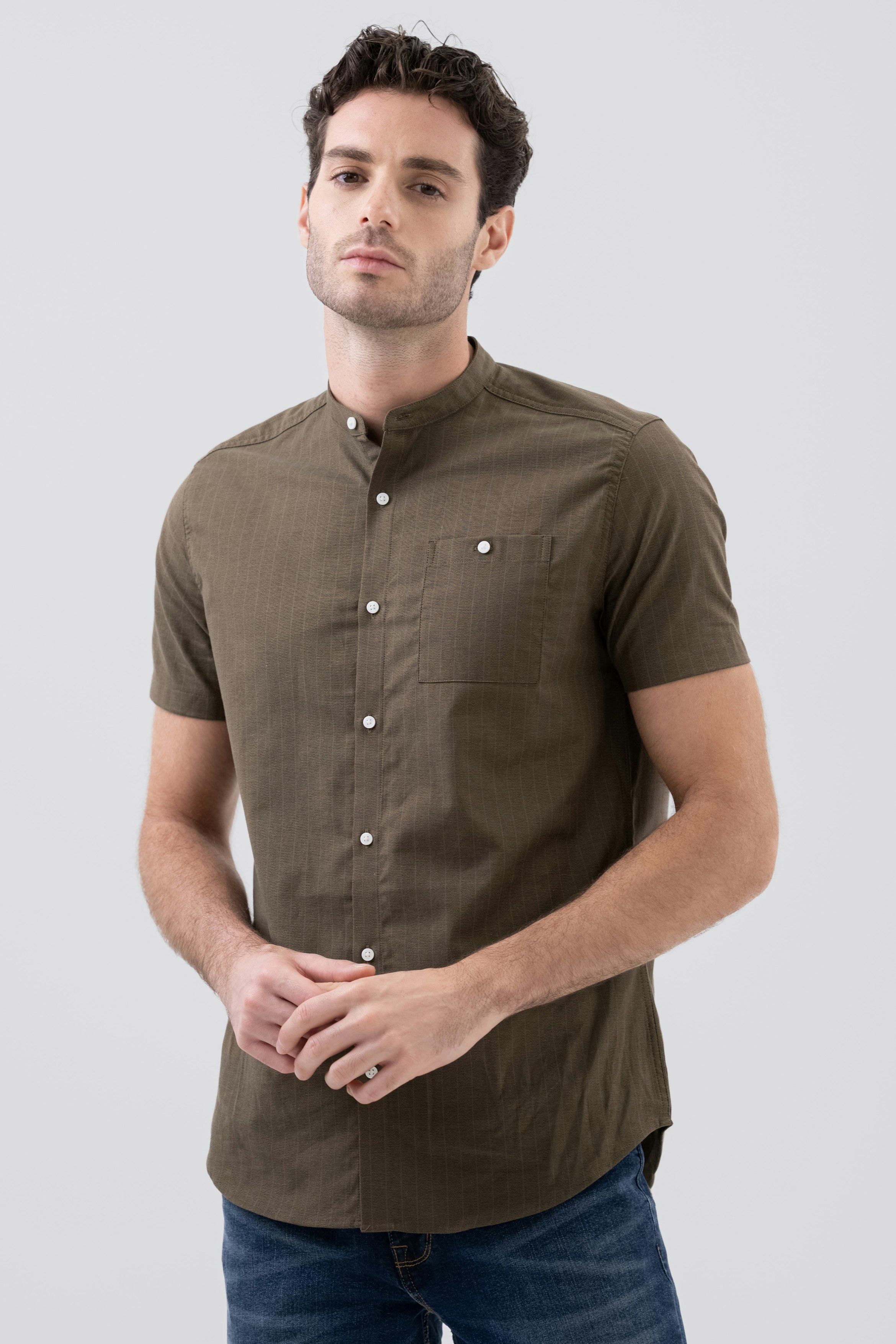 Enorsia Men's Brown Grandad Collar Short Sleeve Shirt - Xxl - 98% Cotton, 2% Spandex