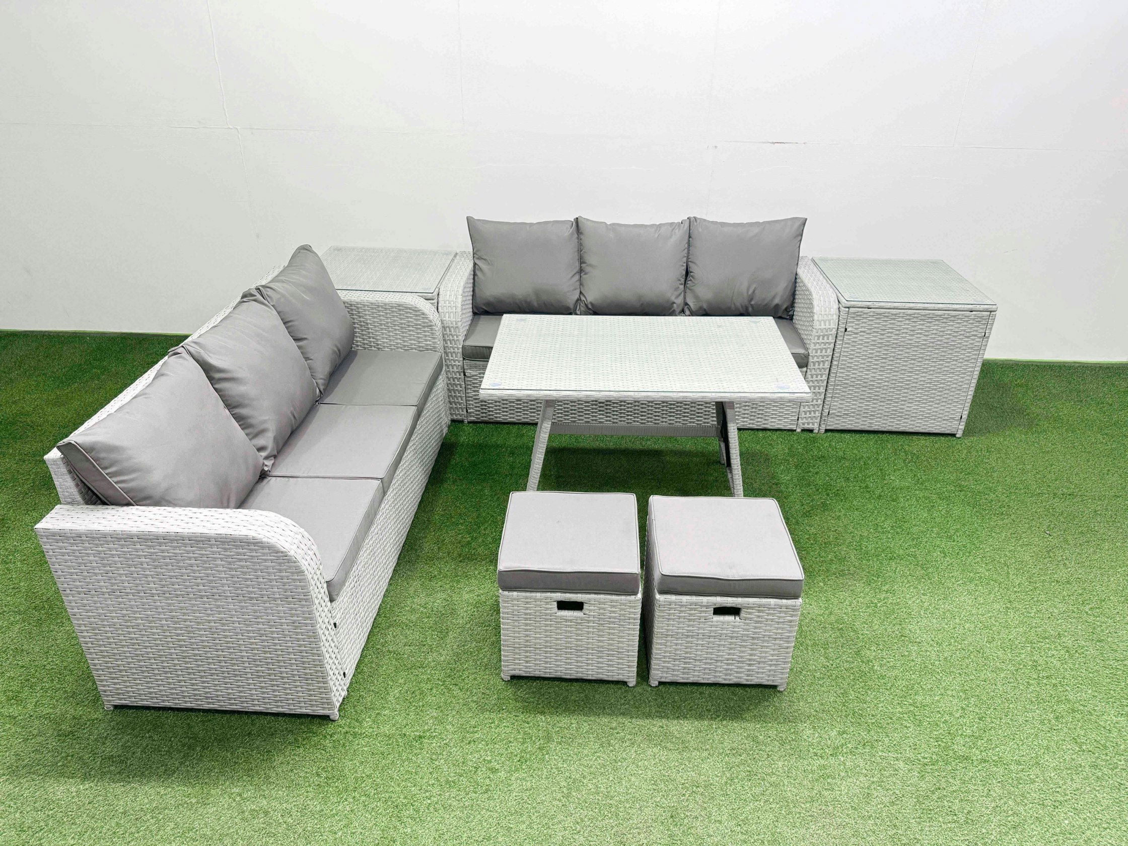 Rackhams Light/Grey Patio Dining Table & Chairs Set Rattan High Back Lounge Sofa Set With 3 Seater Sofa 2 Side Tables 2 Small Stool