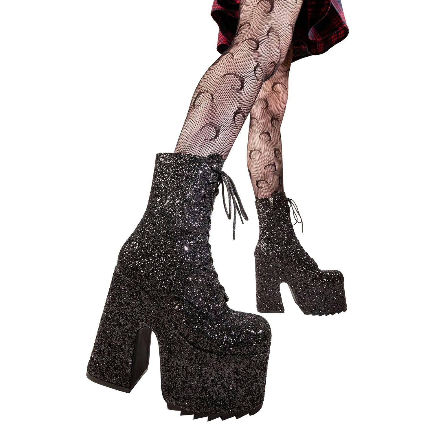 Lamoda Women's Black Spotlight Glitter Chunky Platform Ankle Boots Trendy Fashion - Uk5