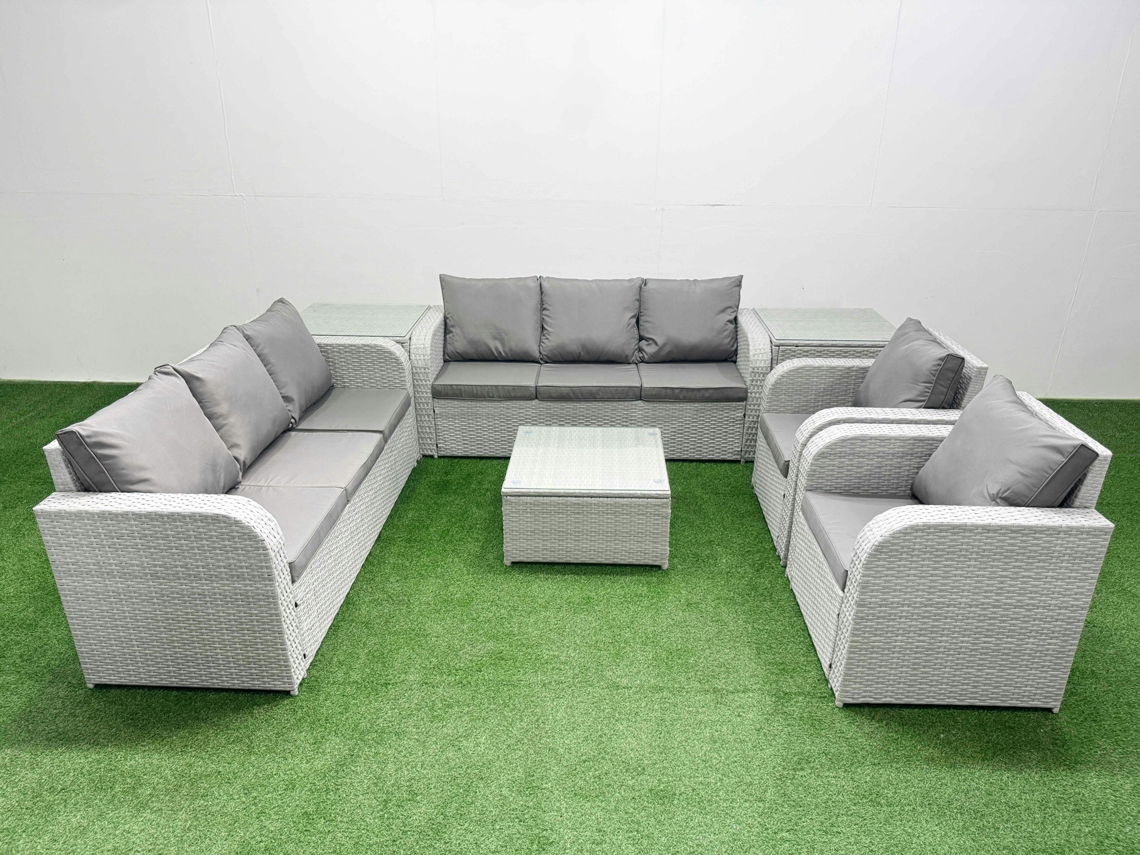 Rackhams Light/Grey Pe Rattan High Back Lounge Sofa Set Patio Square Coffee Table & Chairs Set With 3 Seater Sofa Reclining Chair 2 Side Table