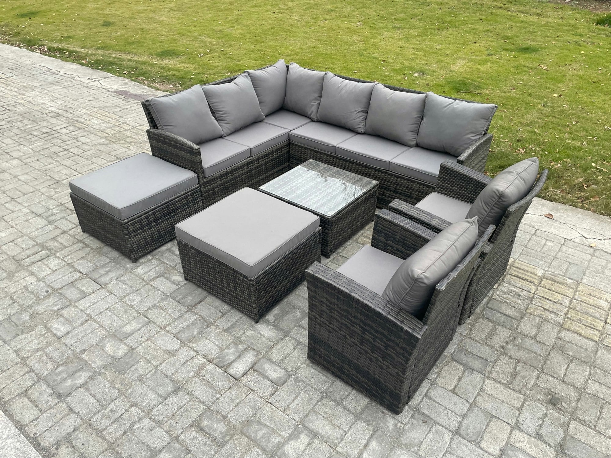 Rackhams Dark/Grey 10 Seater Outdoor Garden Furniture Set Wicker Pe Rattan Corner Sofa Set With Square Coffee Table 2 Big Footstool 2 Armchairs Mixed