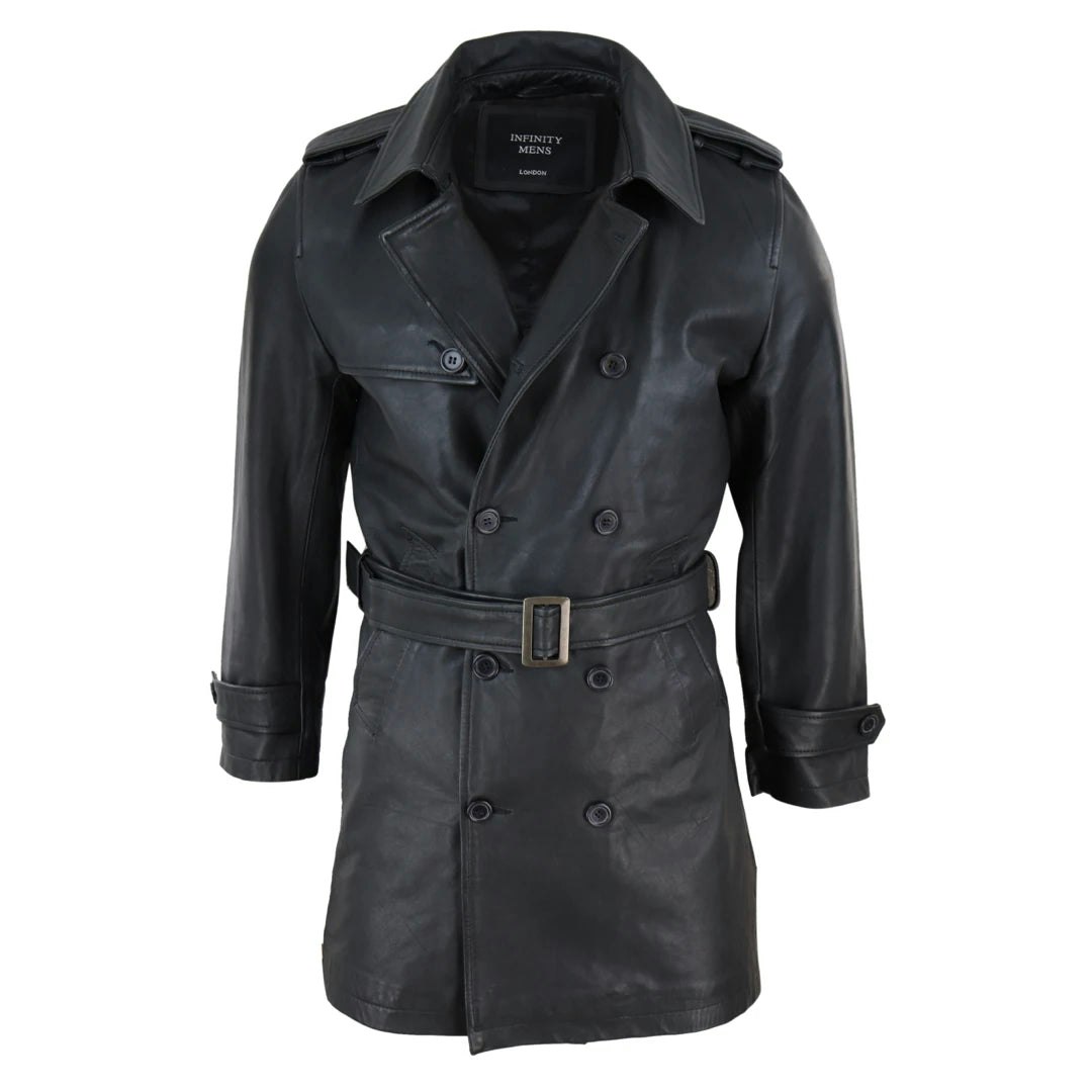 Infinity Leather Men's Black Leather Company 3/4 Trench Coat Leather Belted Jacket Classic Soft Napa Classic - 2XL