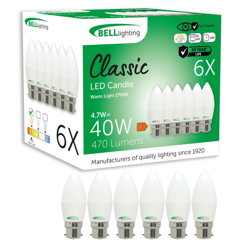 Rackhams White Dimmable B22 Led Candle Bulbs 4.7W 470Lm Warm 2700K Energy Saving40w Equivalent, Bayonet Cap Bulbs - Pack Of 6