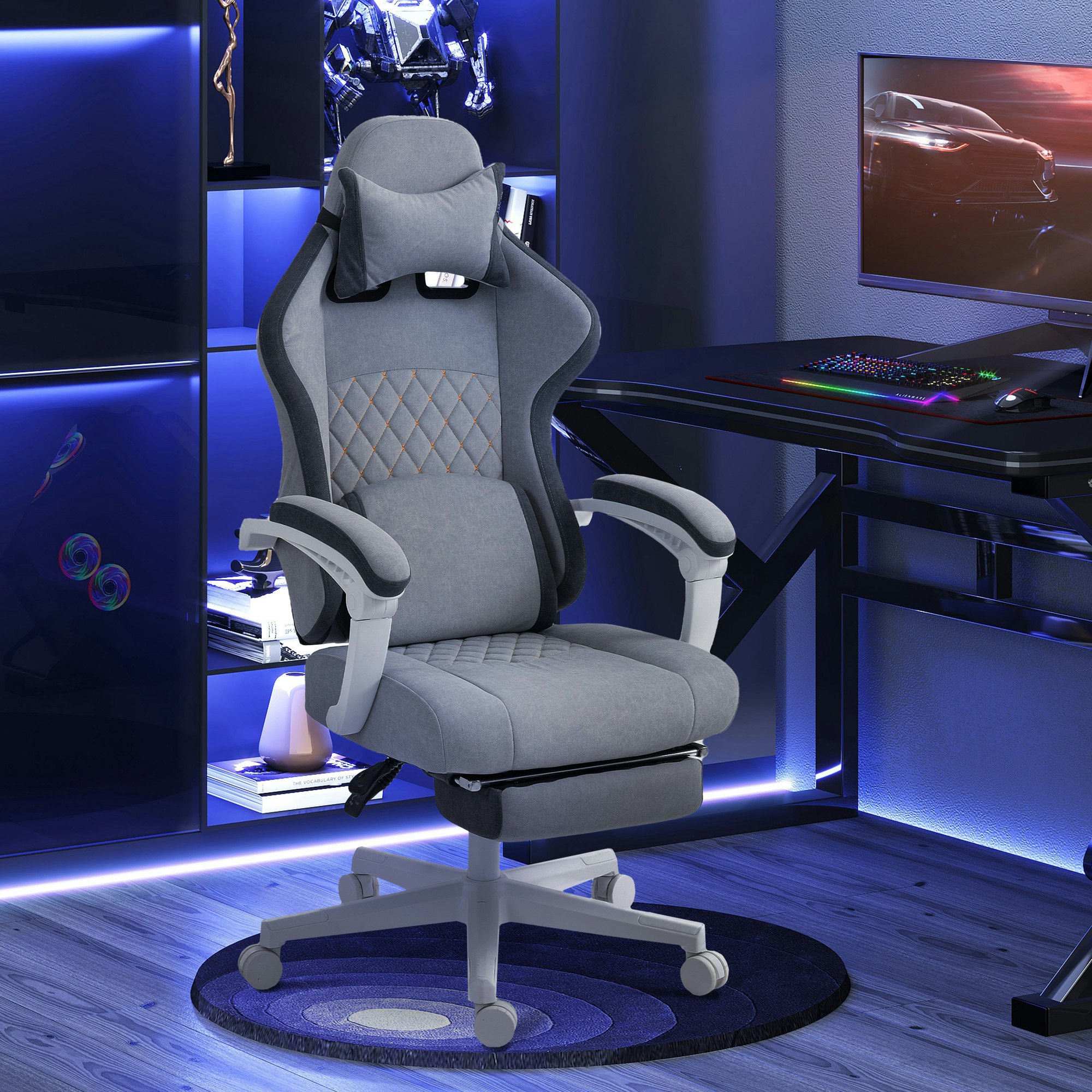Rackhams Grey Printed Velvet Computer Recliner Chair With Adjustable Height, - Gaming Chair - Velvet, Foam, Nylon