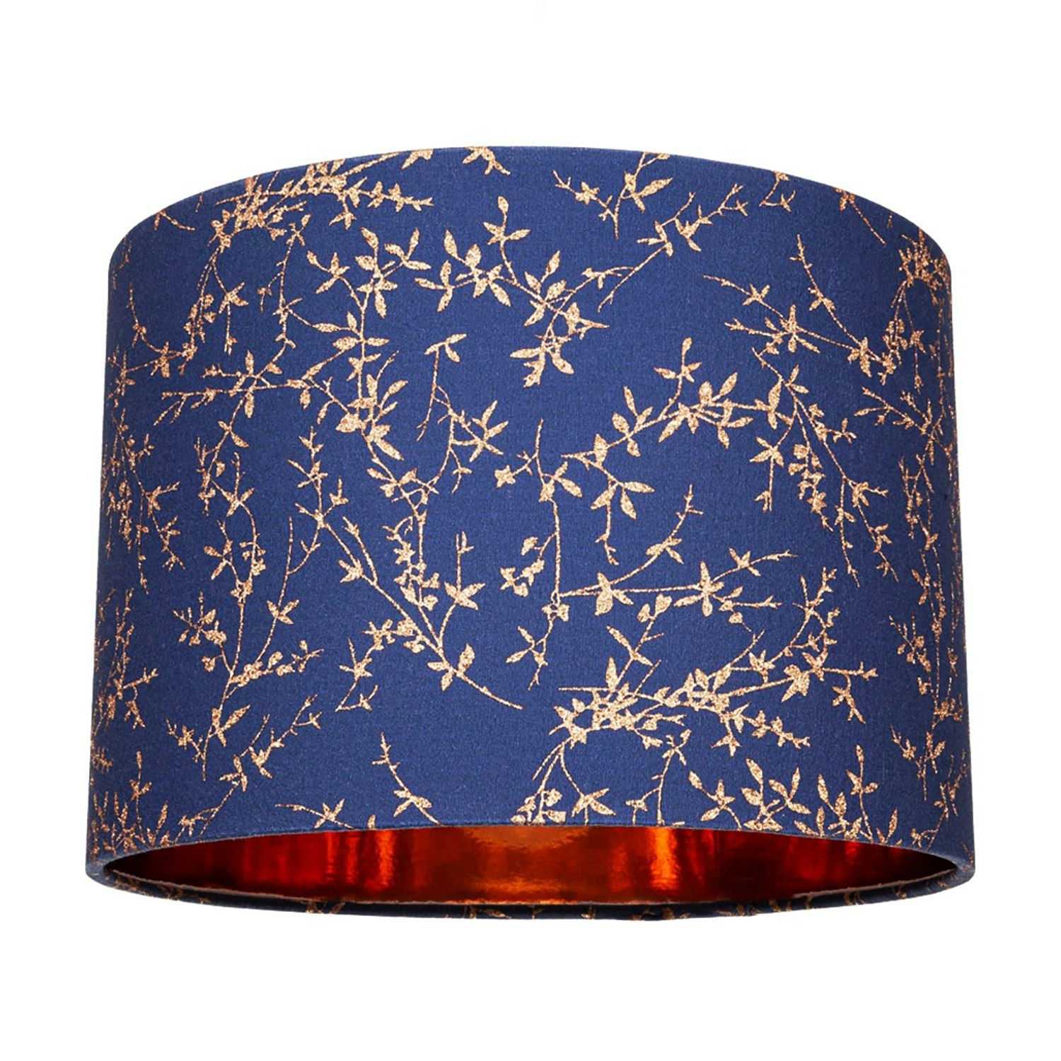 Rackhams Blue Modern Navy Cotton Fabric 12" Lamp Shade With Copper Foil Floral Decoration