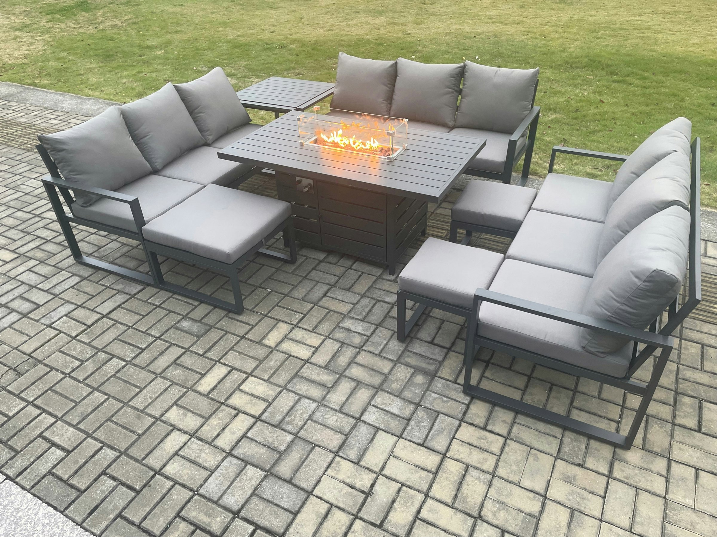 Rackhams Dark/Grey Aluminium Garden Furniture Outdoor Set Patio Lounge Sofa Gas Fire Pit Dining Table Set With 3 Footstools Side Table