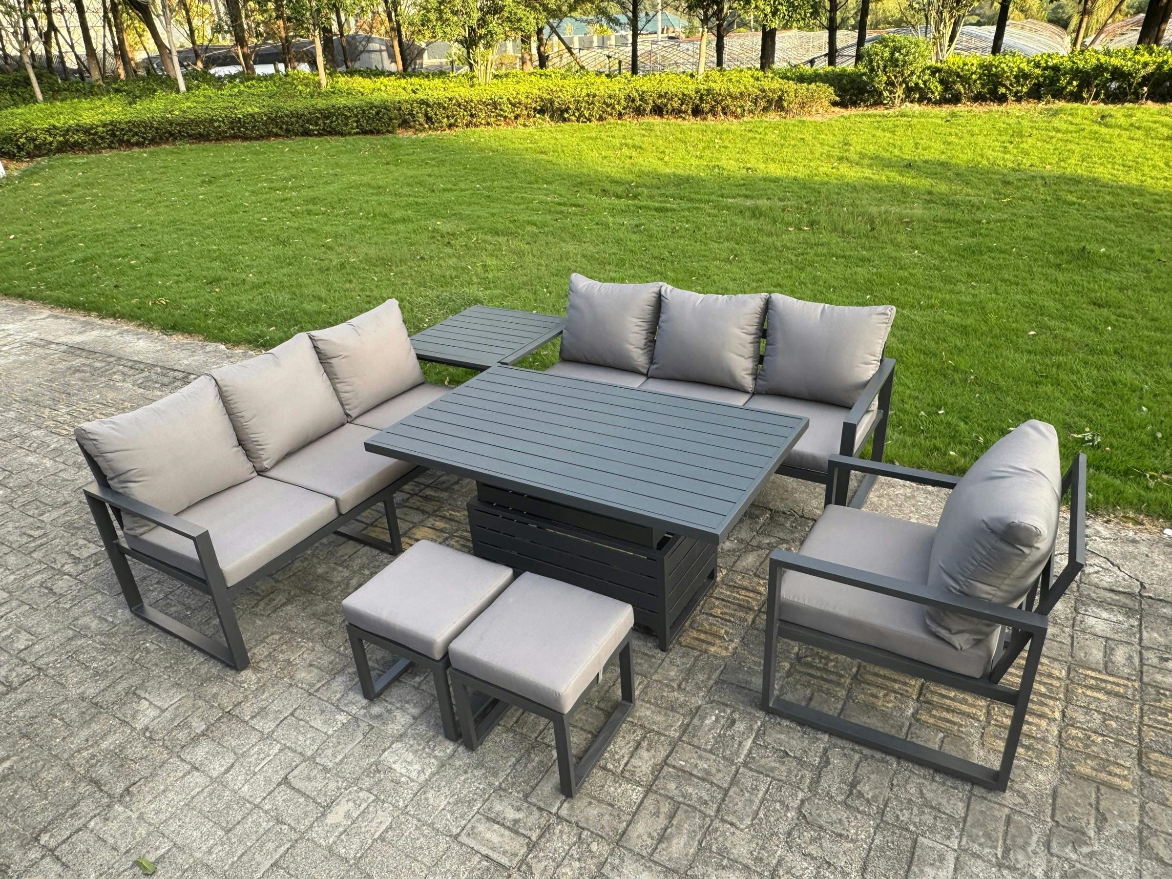 Fimous Dark/Grey 9 Seater Aluminium Garden Furniture Set With Adjustable Rising Dining Table, 2 Sofas, 1 Chair, 2 Footstools & 1 Side Table
