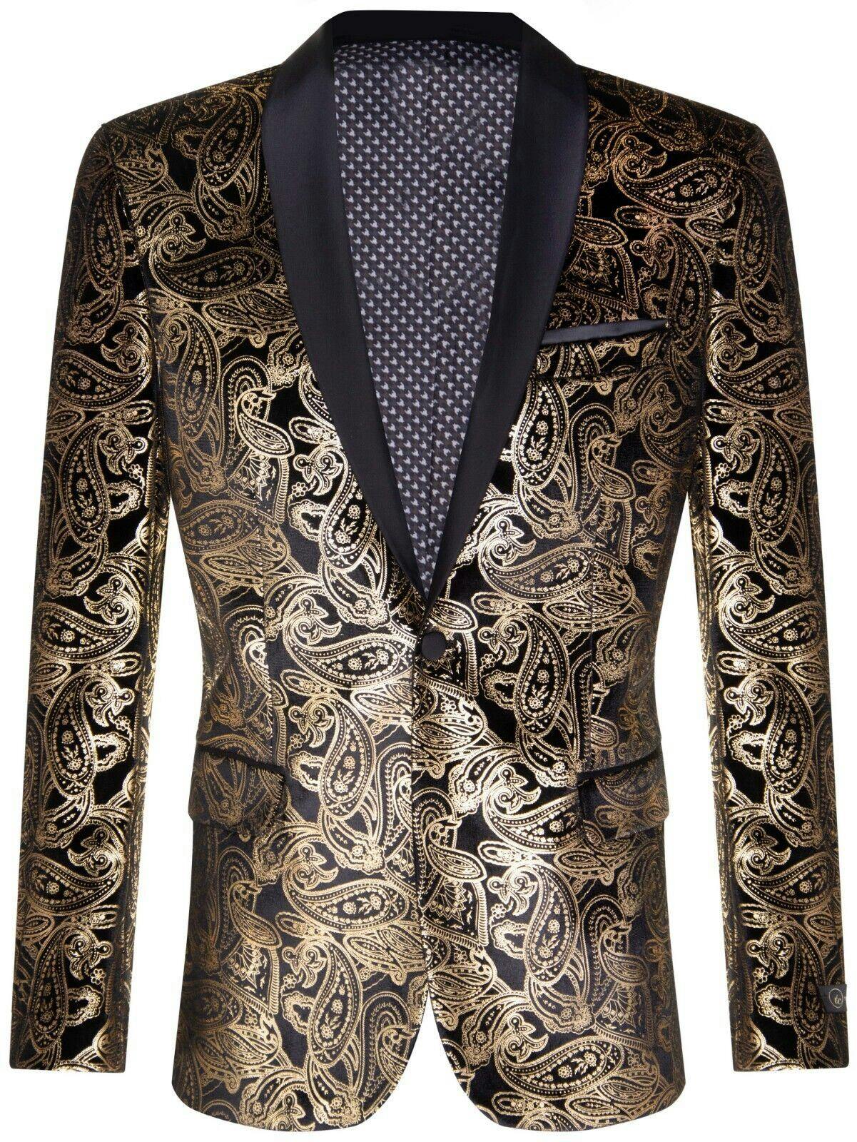 Truclothing Men's Gold/Black Classic Paisley Velvet Tuxedo Dinner Jacket Tailored Fit Blazer - 40