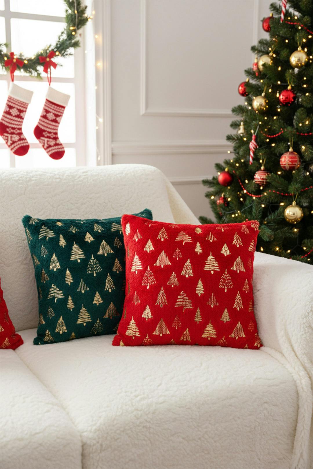 Living And Home Green/Red Christmas Themed Plush Throw Pillows - & - Christmas Trees